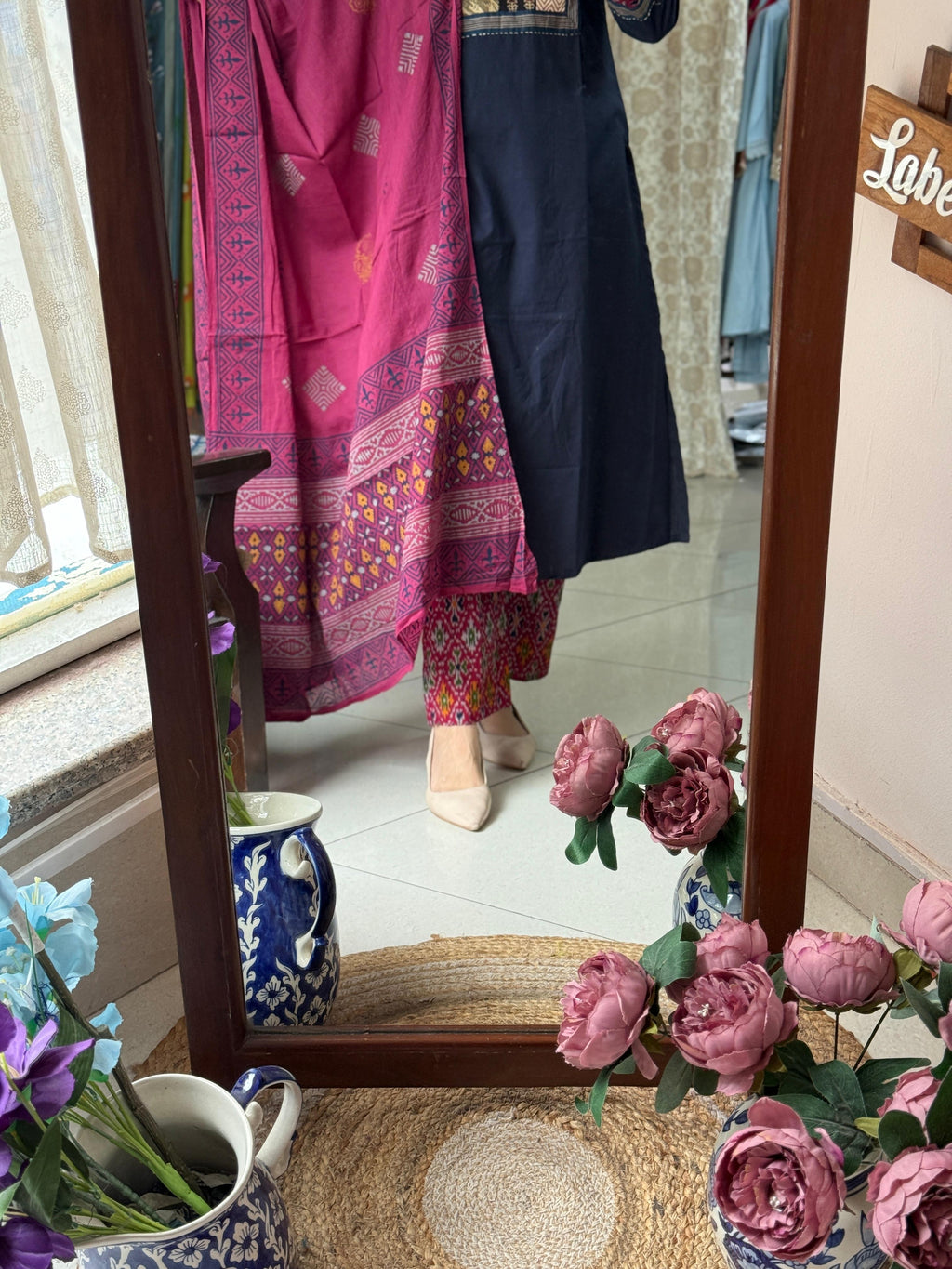 Blue Pink Ikat Suit Set with Designer Back & Handwork