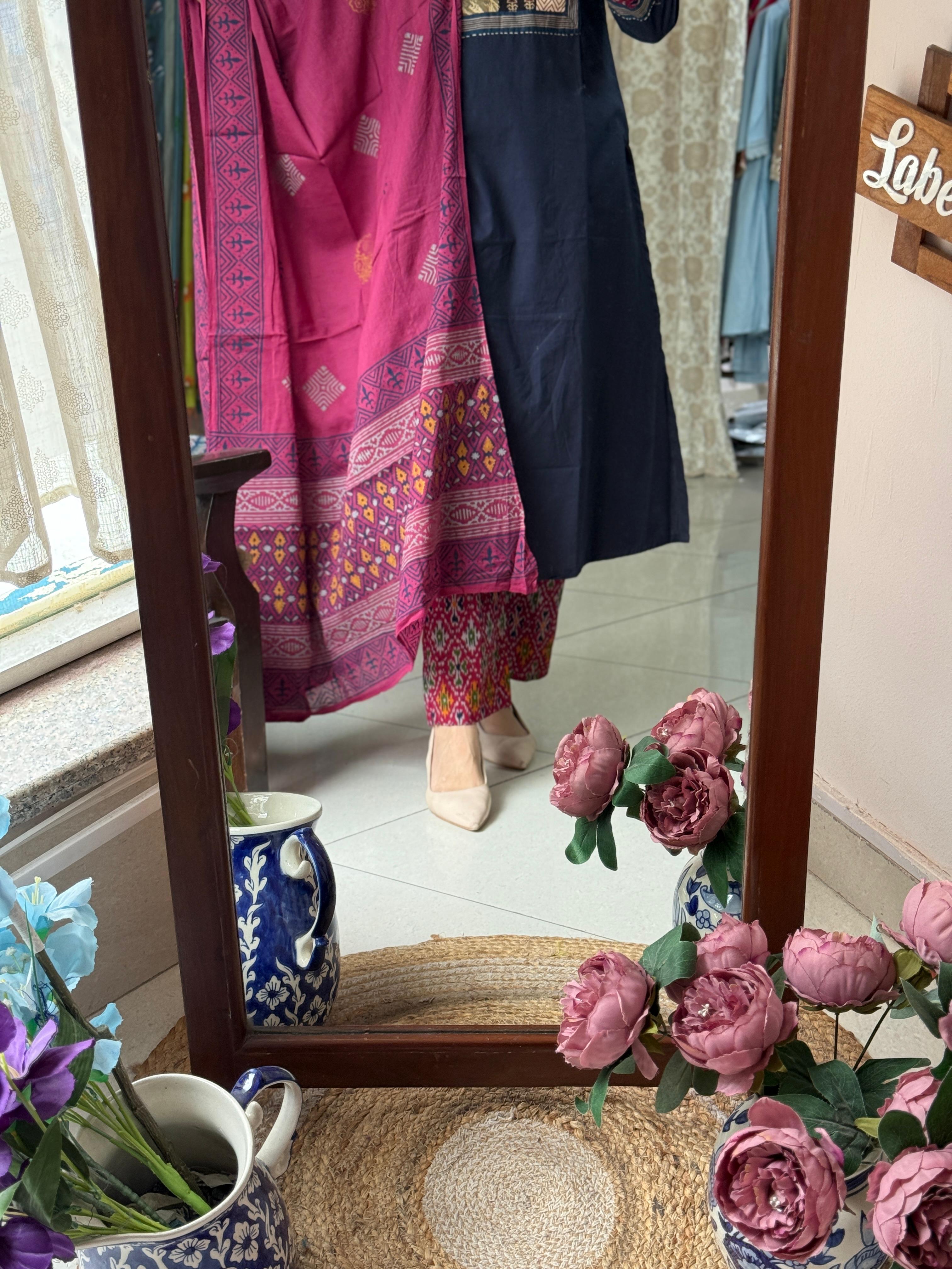 Blue Pink Ikat Suit Set with Designer Back & Handwork