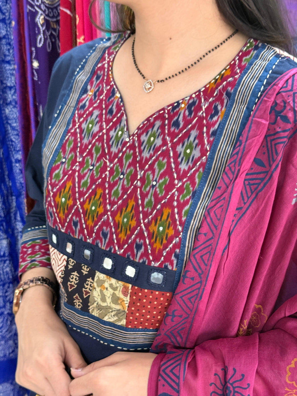 Blue Pink Ikat Suit Set with Designer Back & Handwork