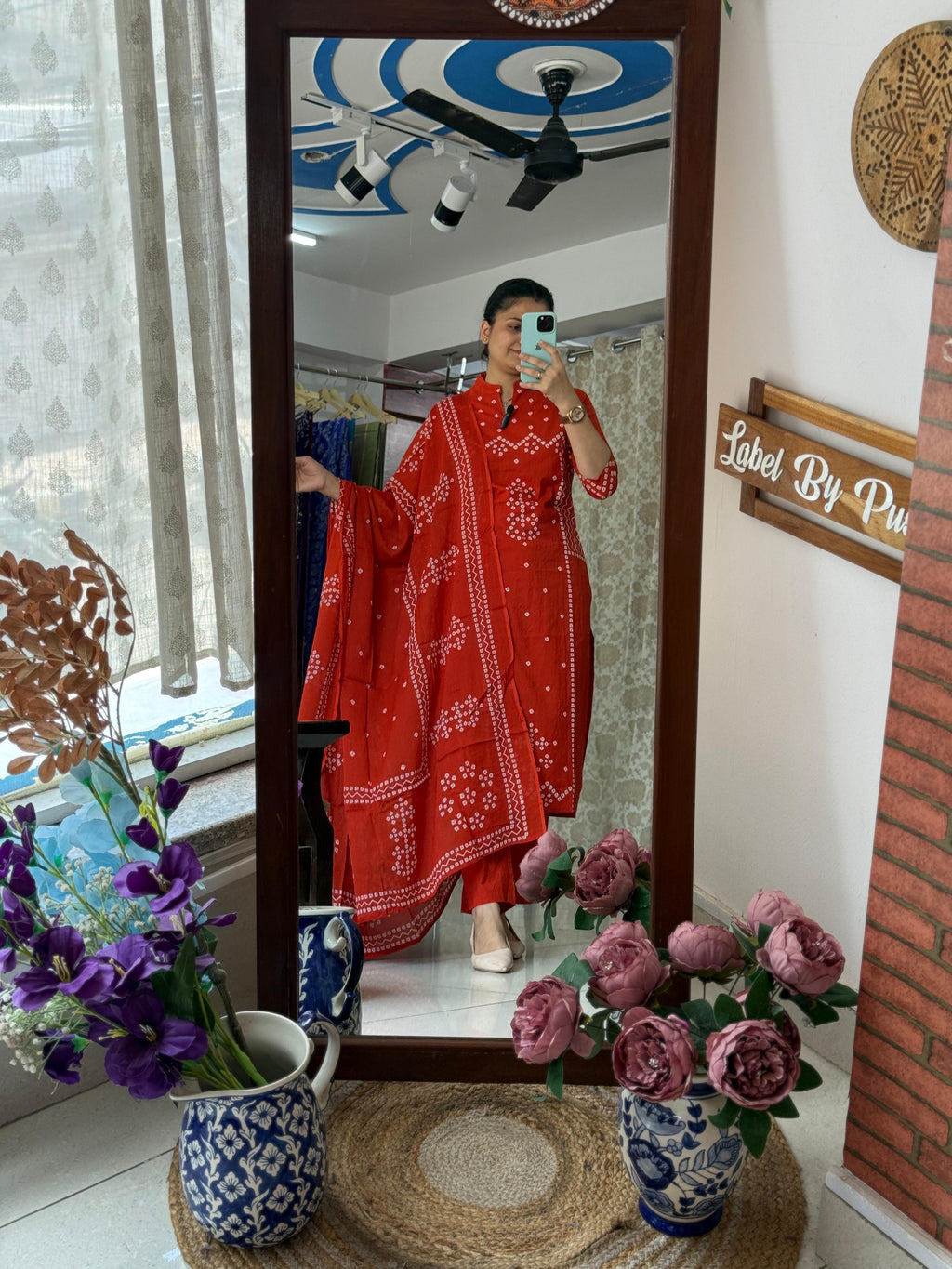 Orange Bandhani Cotton Suit Set with Traditional Print & Dupatta