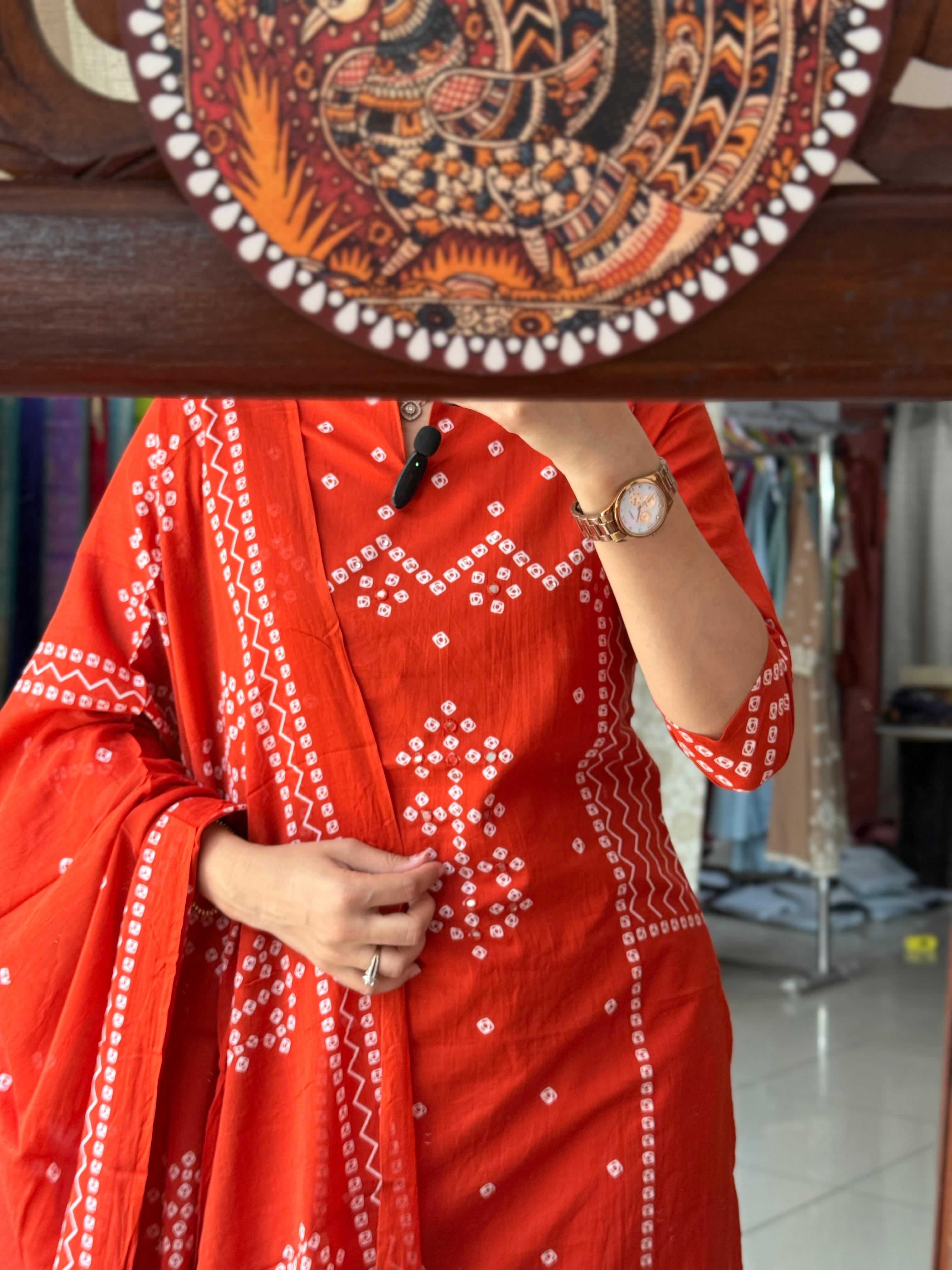 Orange Bandhani Cotton Suit Set with Traditional Print & Dupatta