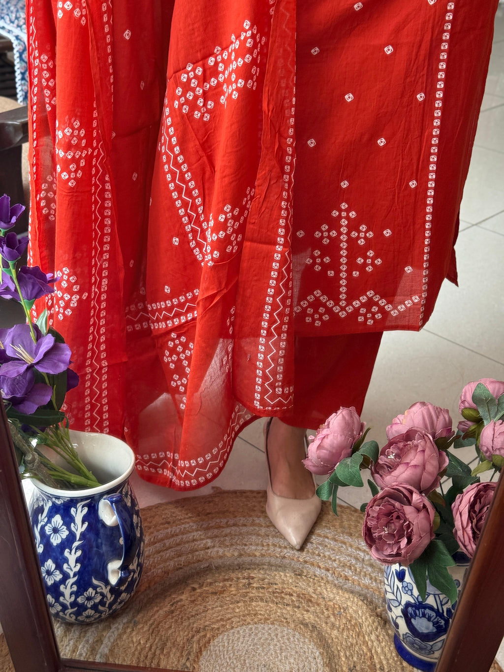 Orange Bandhani Cotton Suit Set with Traditional Print & Dupatta