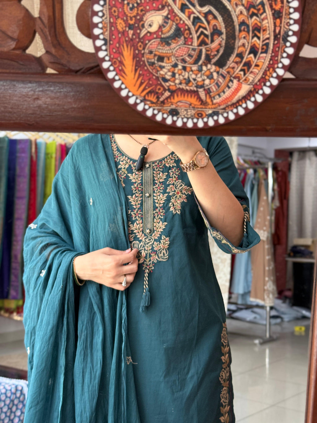 Teal Designer Cotton Suit Set with Embroidered Neckline & Dupatta