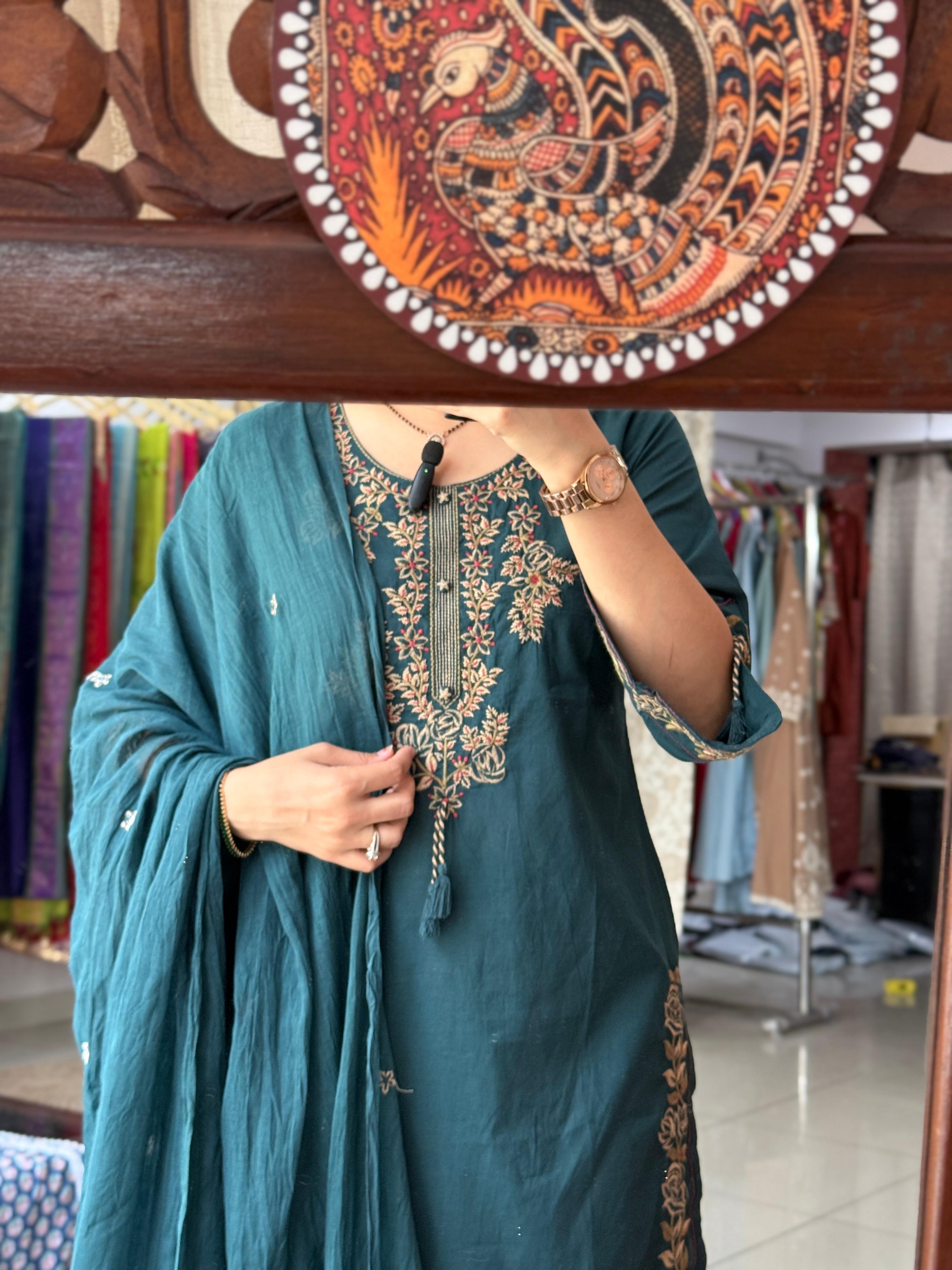 Teal Designer Cotton Suit Set with Embroidered Neckline & Dupatta