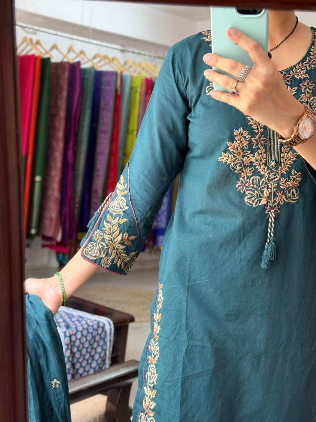 Teal Designer Cotton Suit Set with Embroidered Neckline & Dupatta