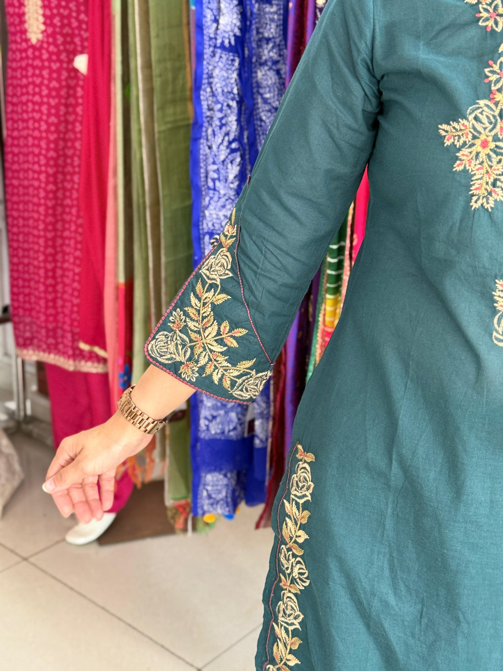 Teal Designer Cotton Suit Set with Embroidered Neckline & Dupatta