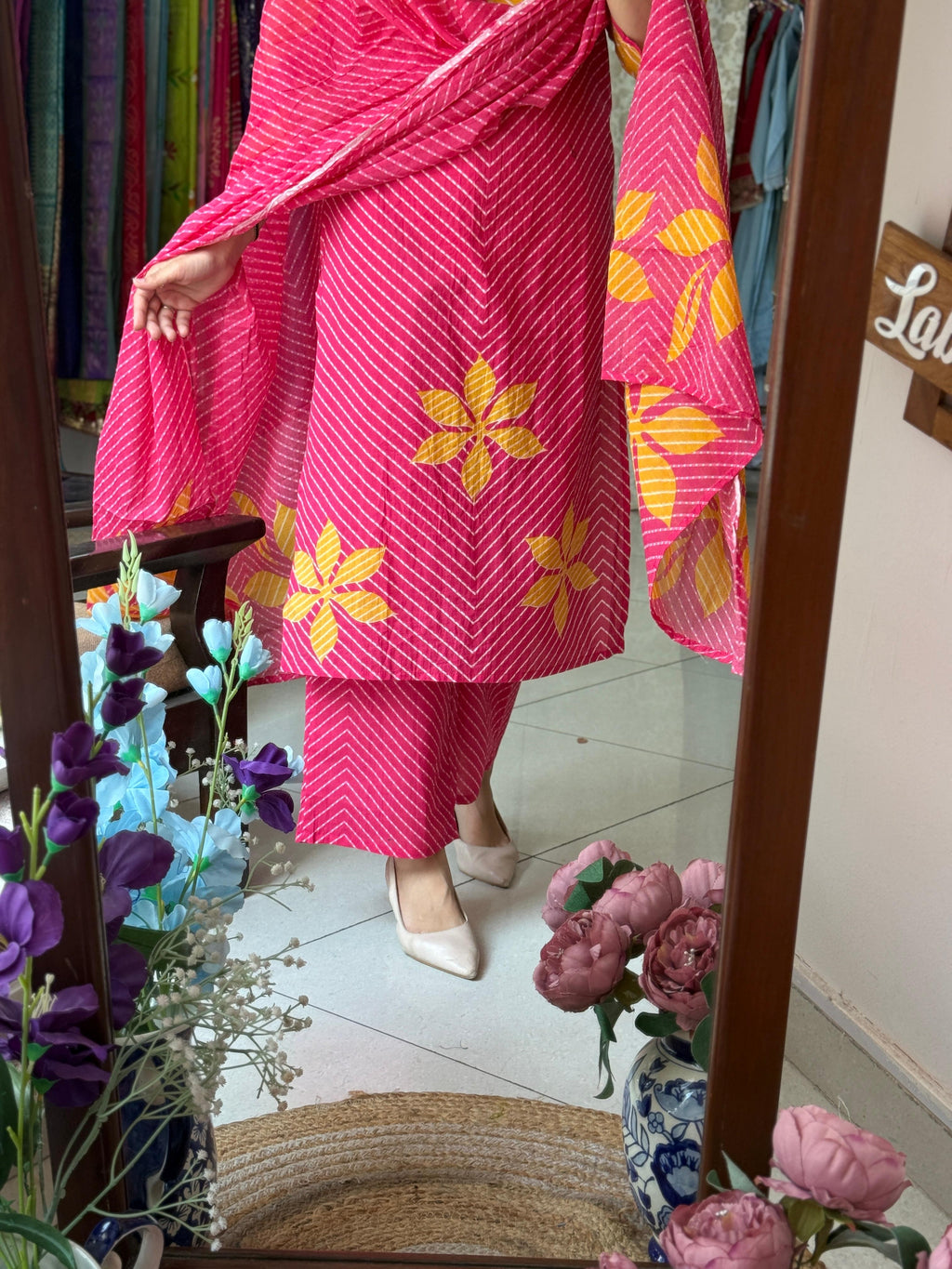 Yellow Pink Leheriya Cotton Suit Set with Floral Print & Dupatta