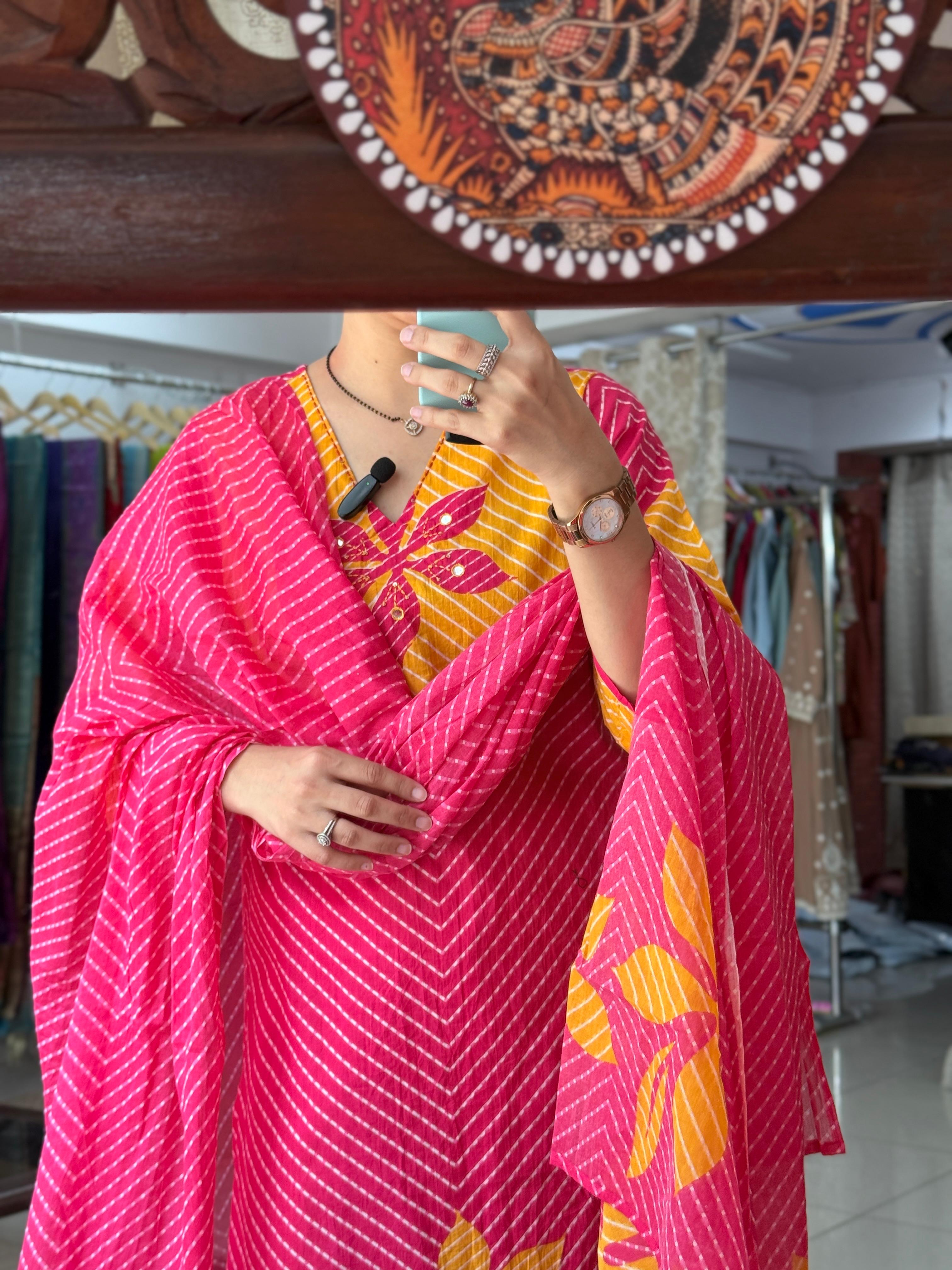 Yellow Pink Leheriya Cotton Suit Set with Floral Print & Dupatta