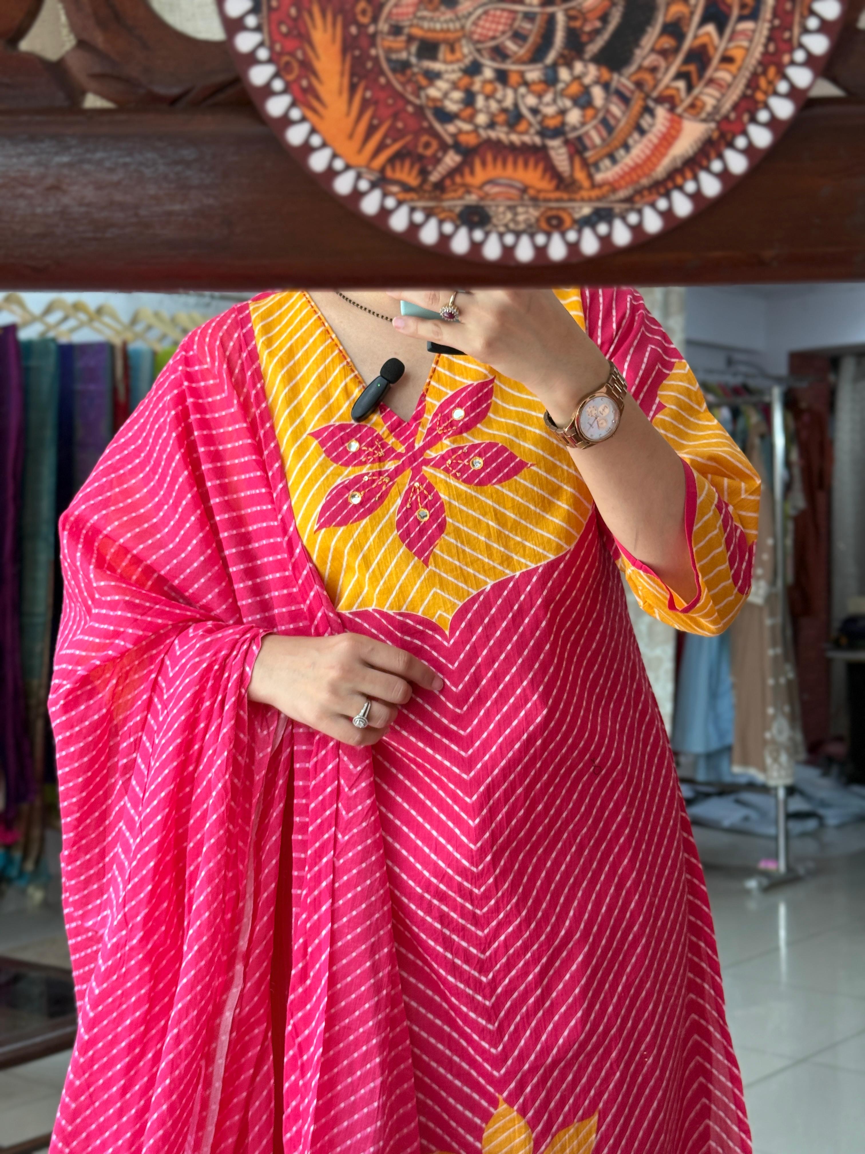 Yellow Pink Leheriya Cotton Suit Set with Floral Print & Dupatta