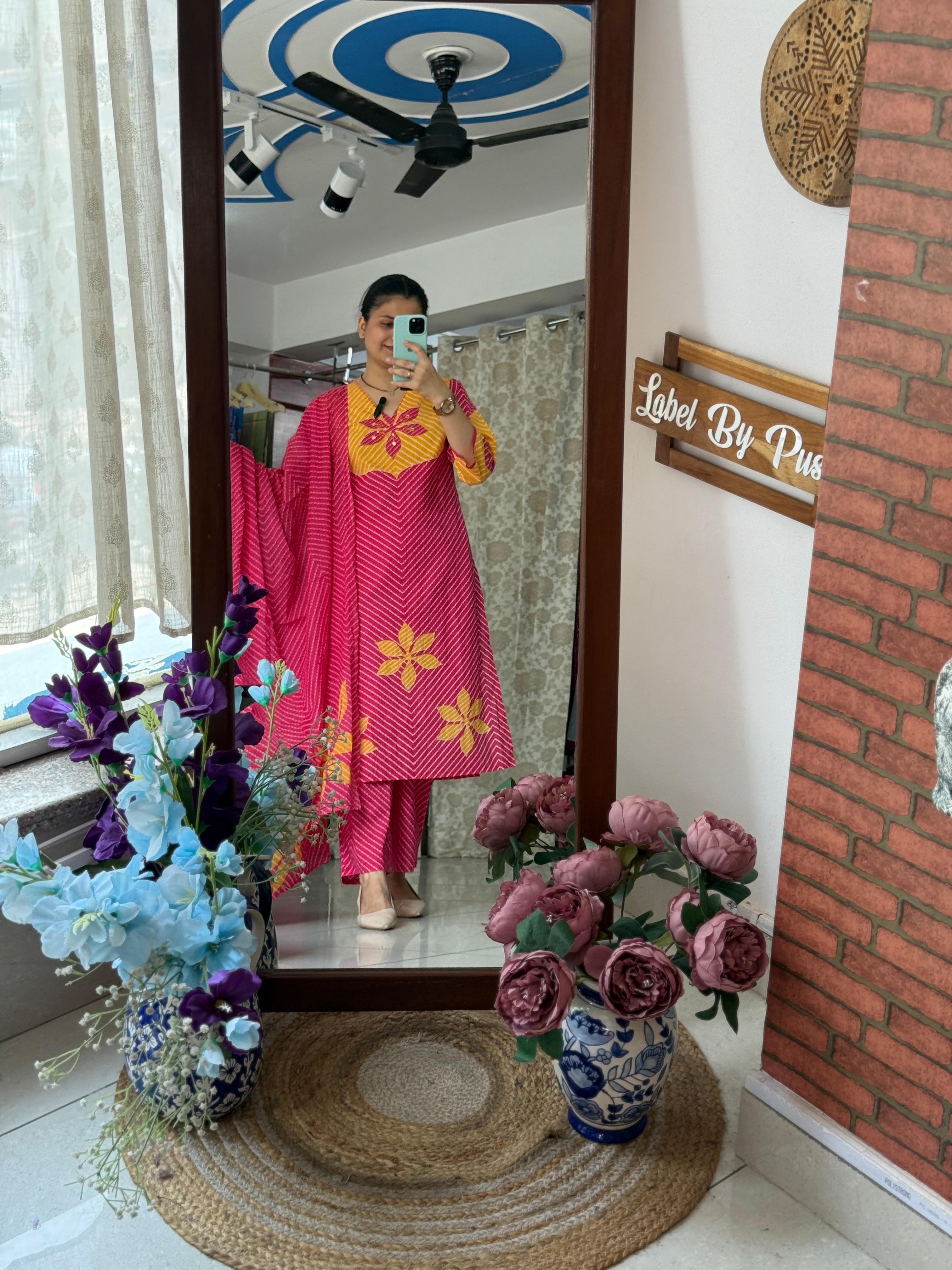 Yellow Pink Leheriya Cotton Suit Set with Floral Print & Dupatta