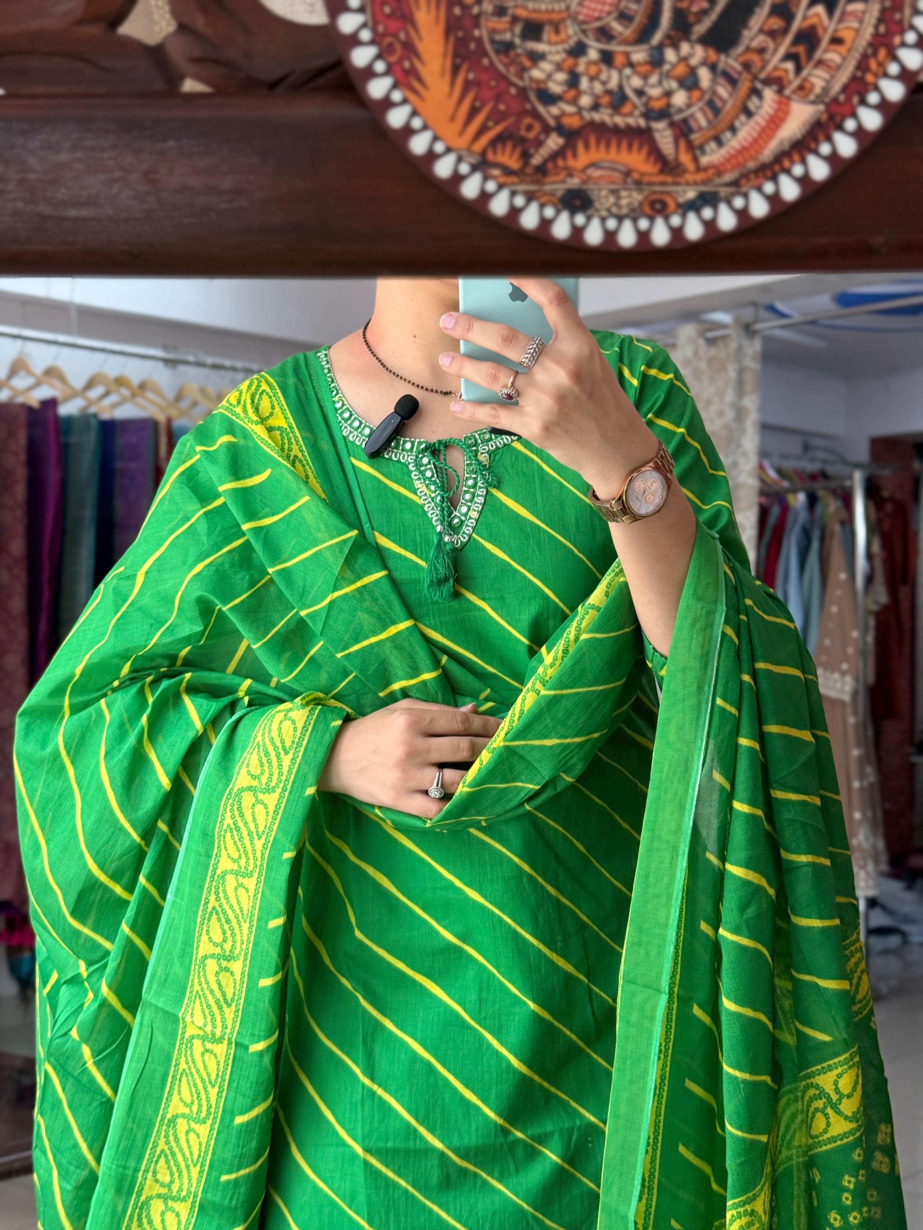 Green Leheriya & Bandhani Cotton Suit Set with Dupatta