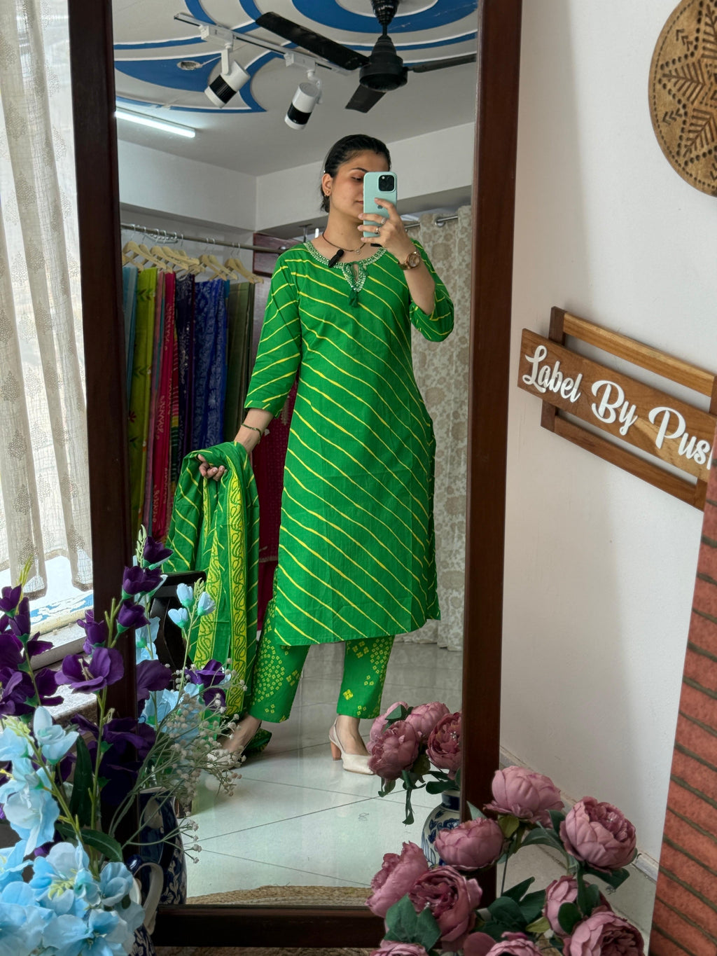 Green Leheriya & Bandhani Cotton Suit Set with Dupatta