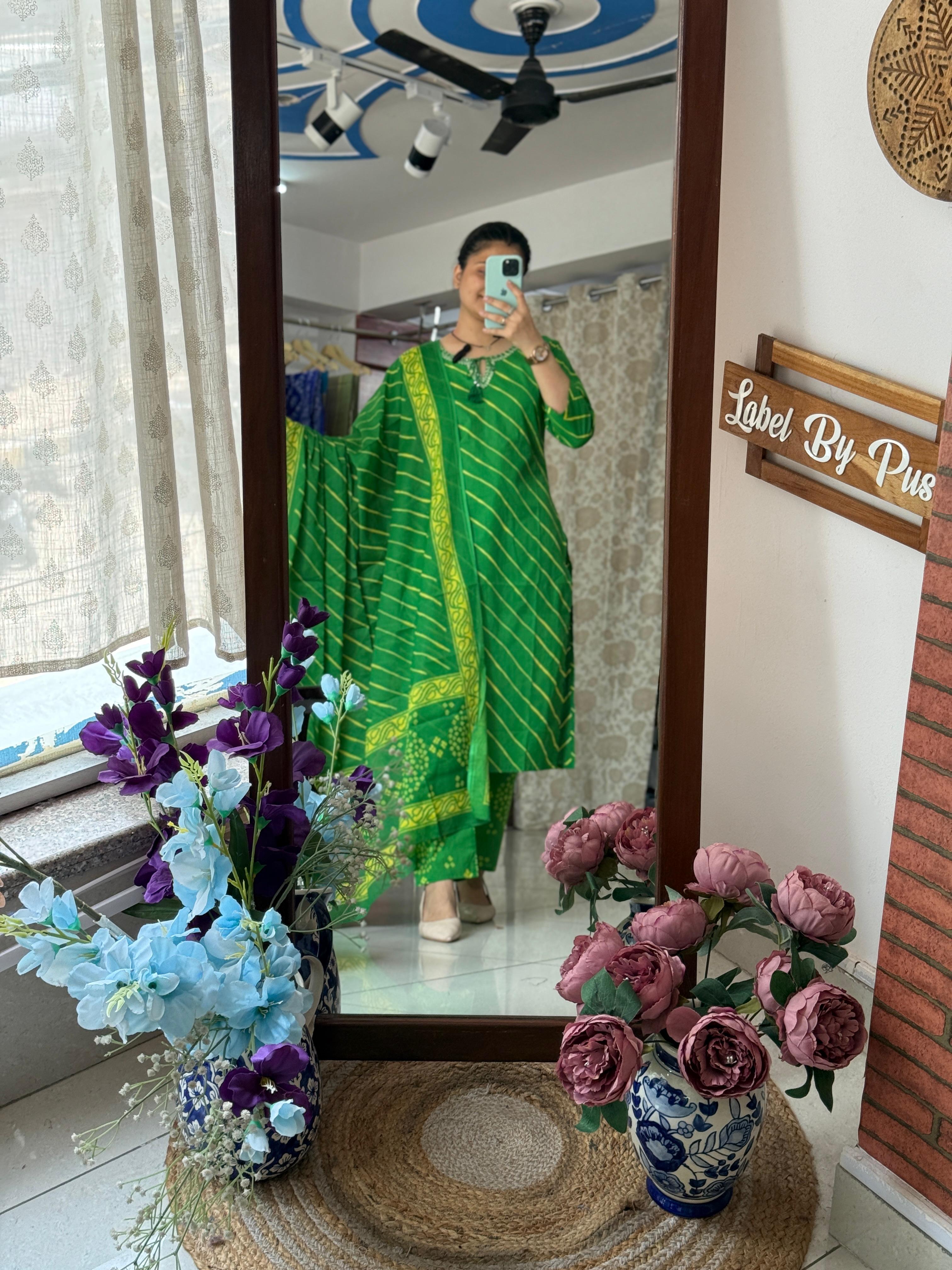 Green Leheriya & Bandhani Cotton Suit Set with Dupatta