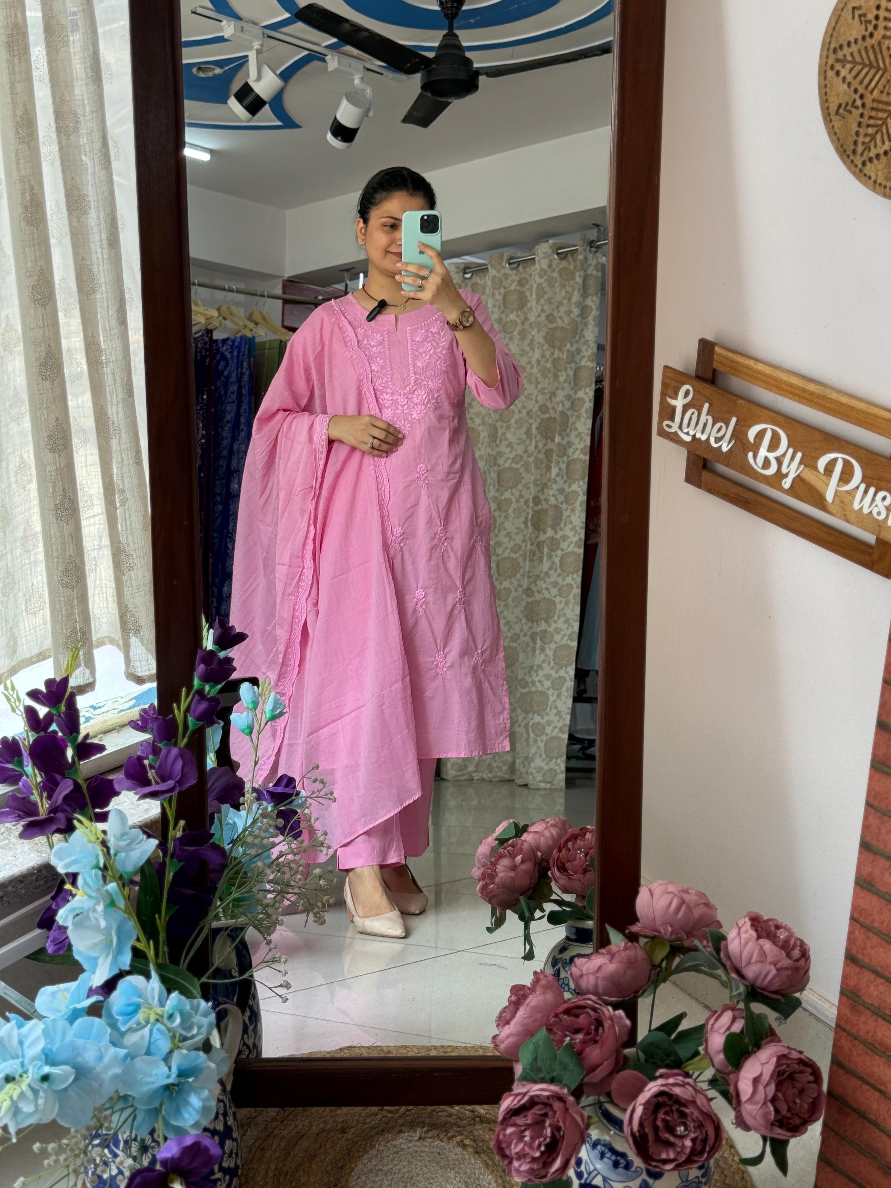 Pink Embroidered Cotton Suit Set with Dupatta