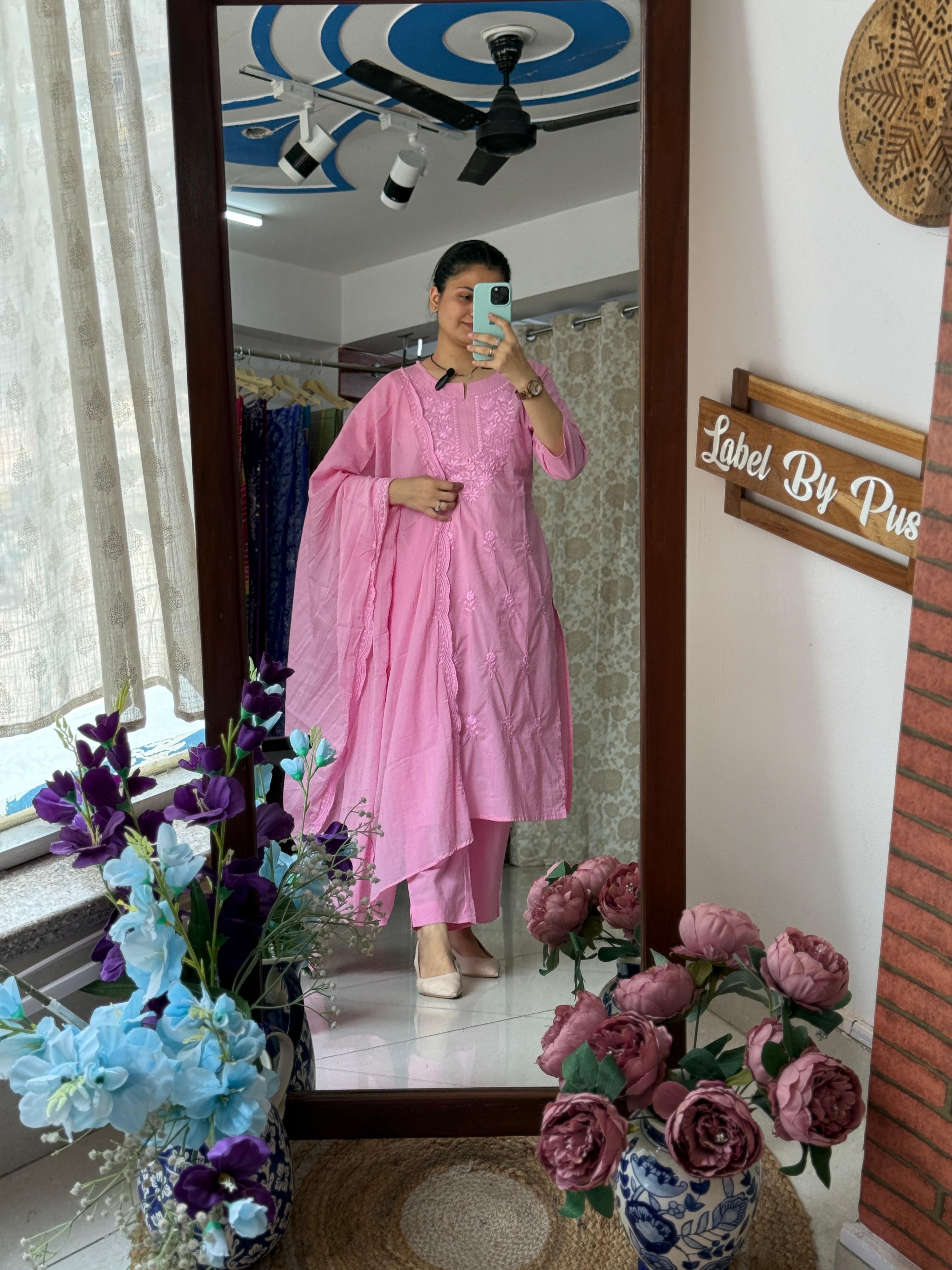 Pink Embroidered Cotton Suit Set with Dupatta