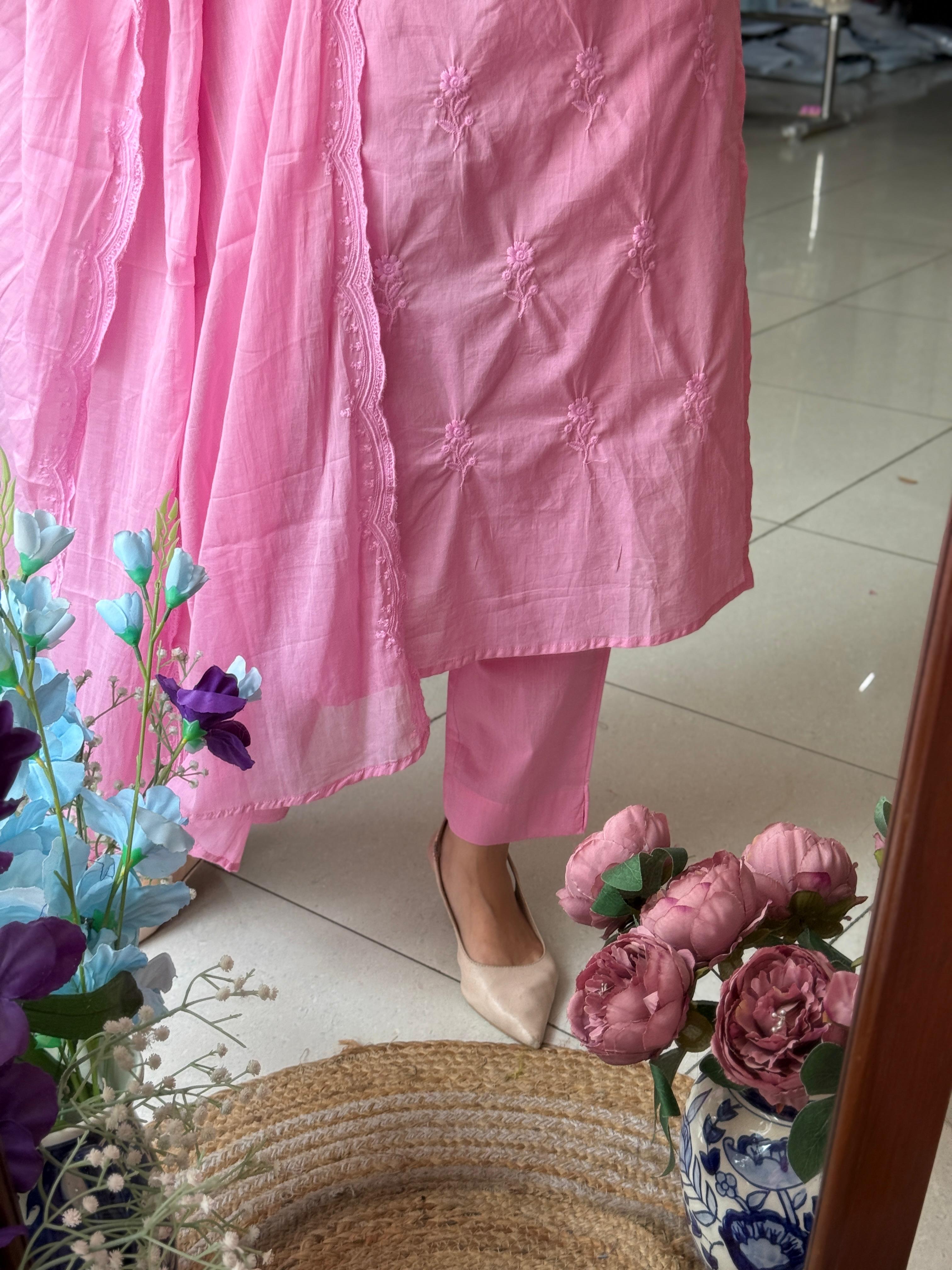 Pink Embroidered Cotton Suit Set with Dupatta