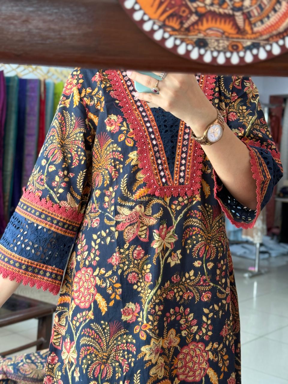Designer Lacework Cotton Suit Set with Designer Sleeves & Dupatta