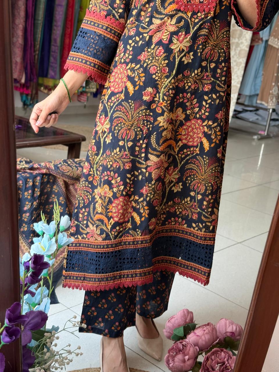 Designer Lacework Cotton Suit Set with Designer Sleeves & Dupatta