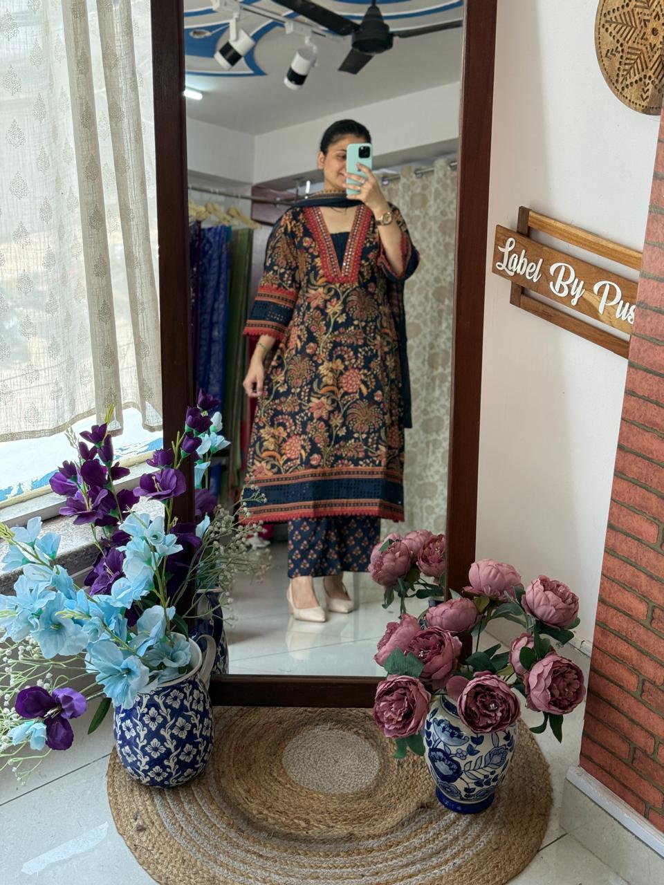 Designer Lacework Cotton Suit Set with Designer Sleeves & Dupatta