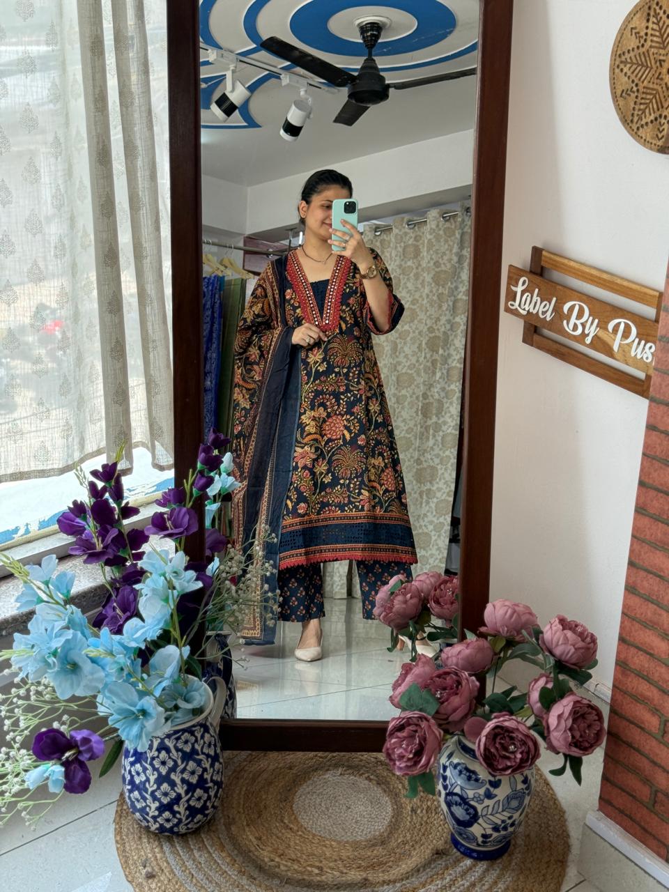 Designer Lacework Cotton Suit Set with Designer Sleeves & Dupatta