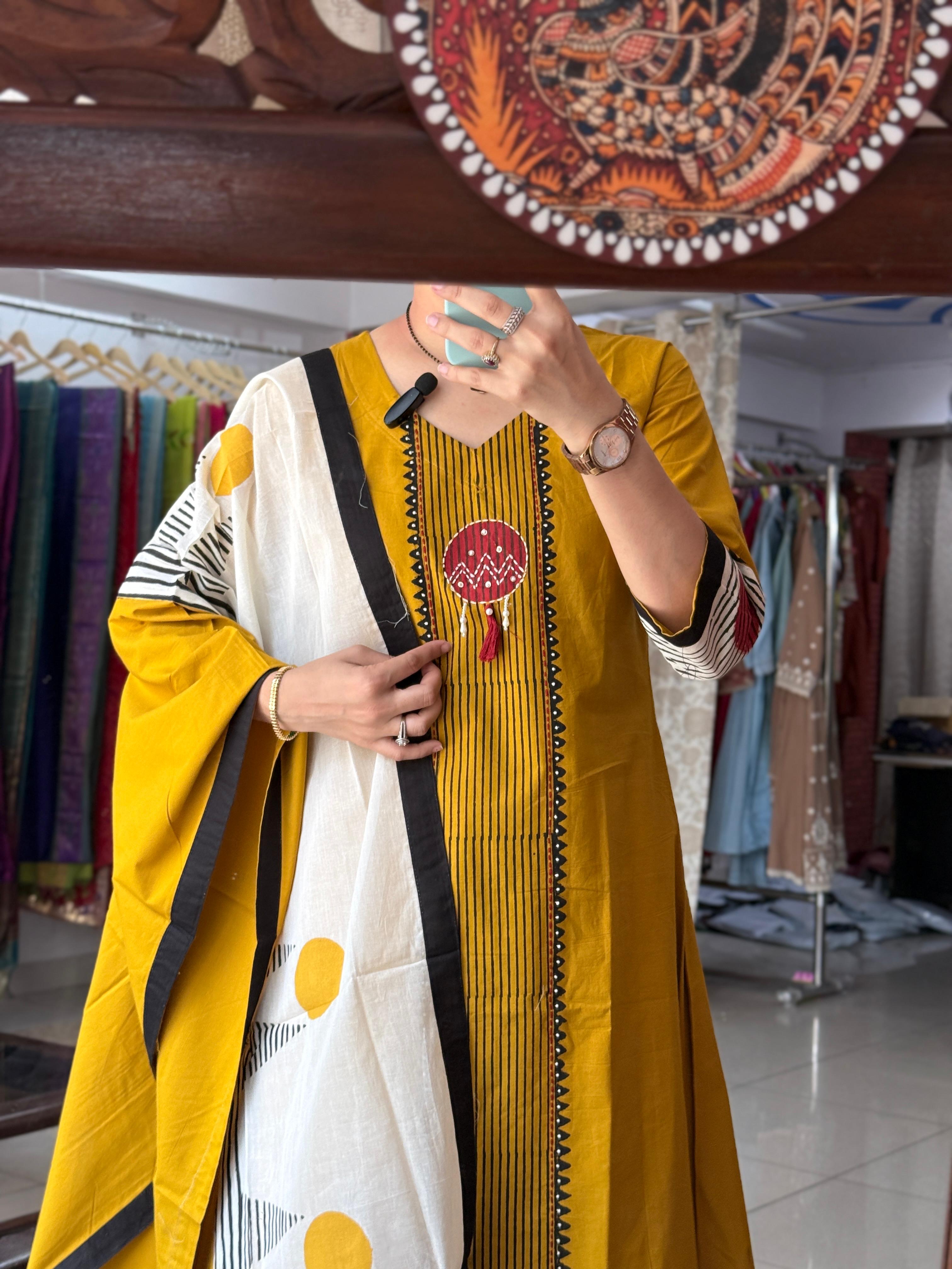 Designer Office Wear Cotton Suit Set with Handwork & Minimalist Block Print Dupatta