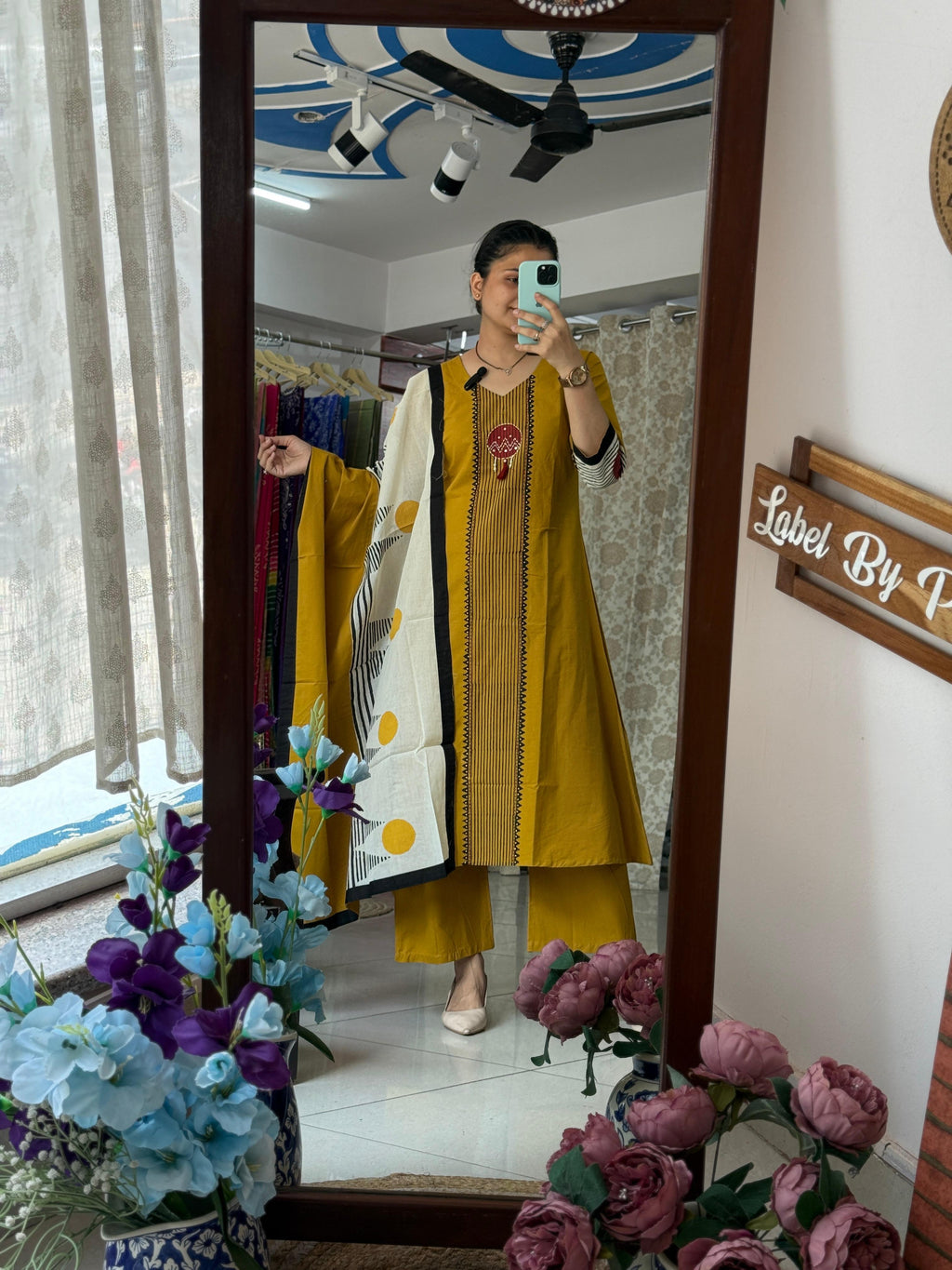 Designer Office Wear Cotton Suit Set with Handwork & Minimalist Block Print Dupatta