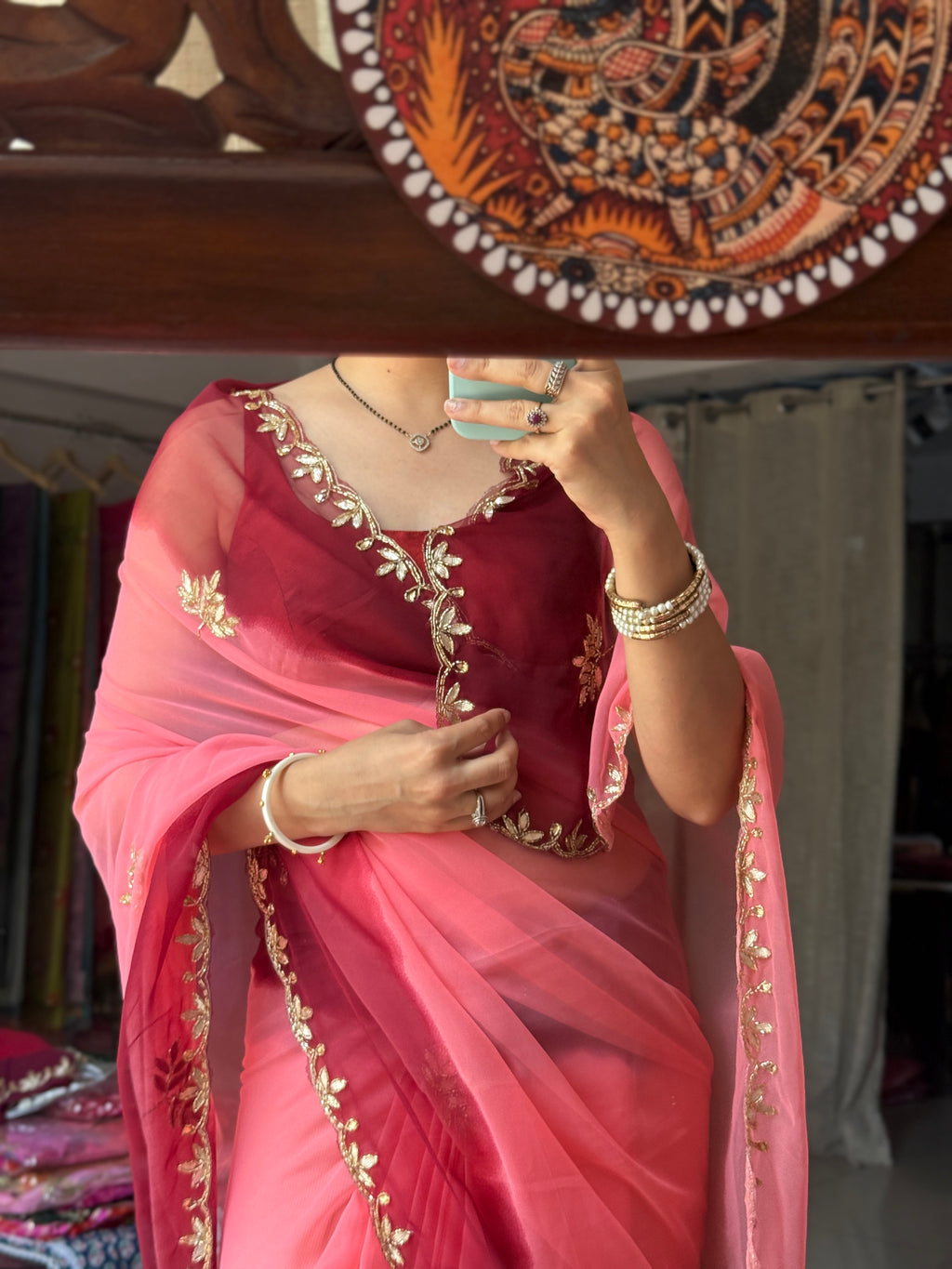 Dual tone Pure Georgette Saree| Handwork cutdana detailing| With blouse