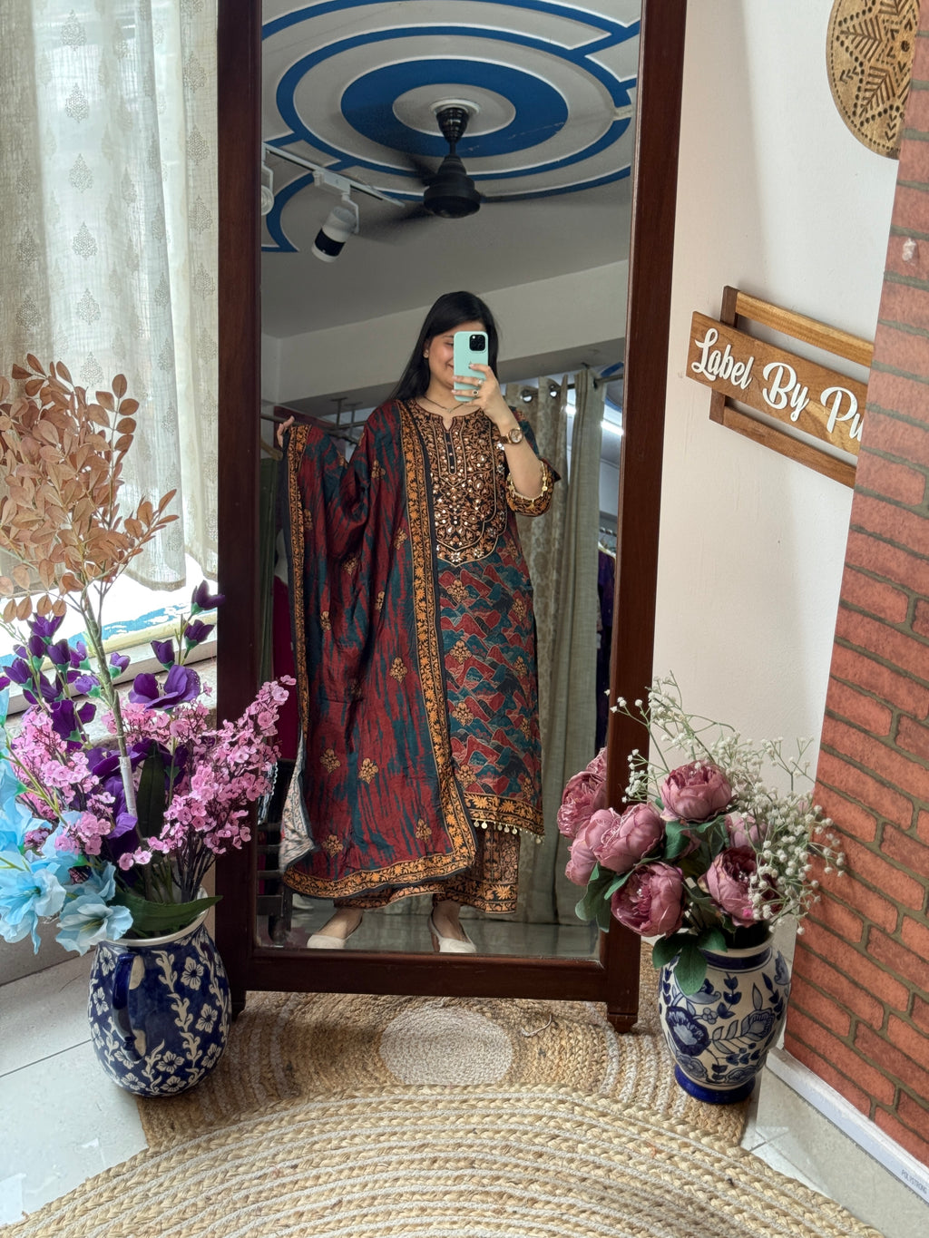 Ajrakh Printed Suit Set with Hand Embroidered Designer sleeves and bottom with Duppata | within lining
