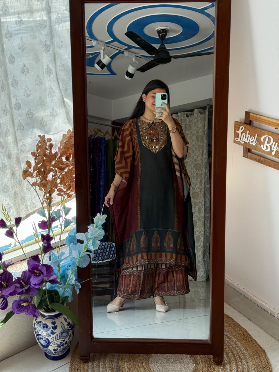Blue Printed Kaftan Set for Women | Ethnic Kaftan with Palazzo Pants