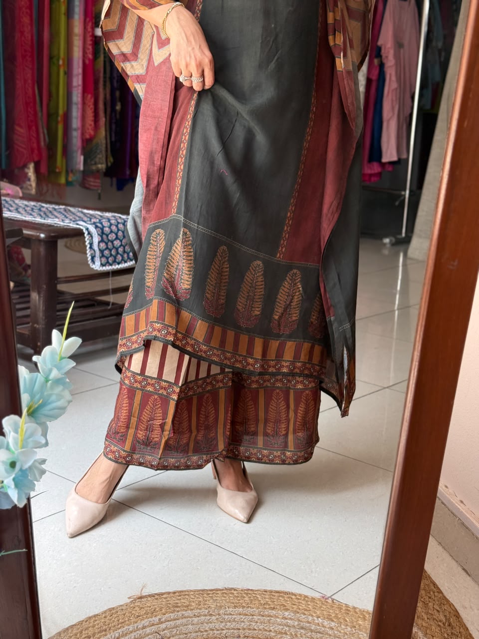 Blue Printed Kaftan Set for Women | Ethnic Kaftan with Palazzo Pants