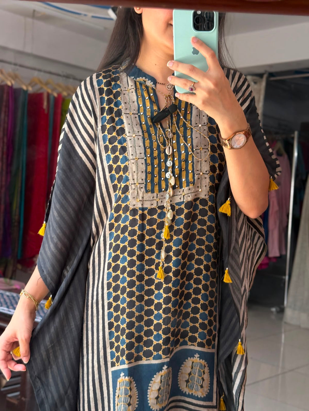 Dark Blue Printed Kaftan Set for Women | Ethnic Kaftan with Palazzo