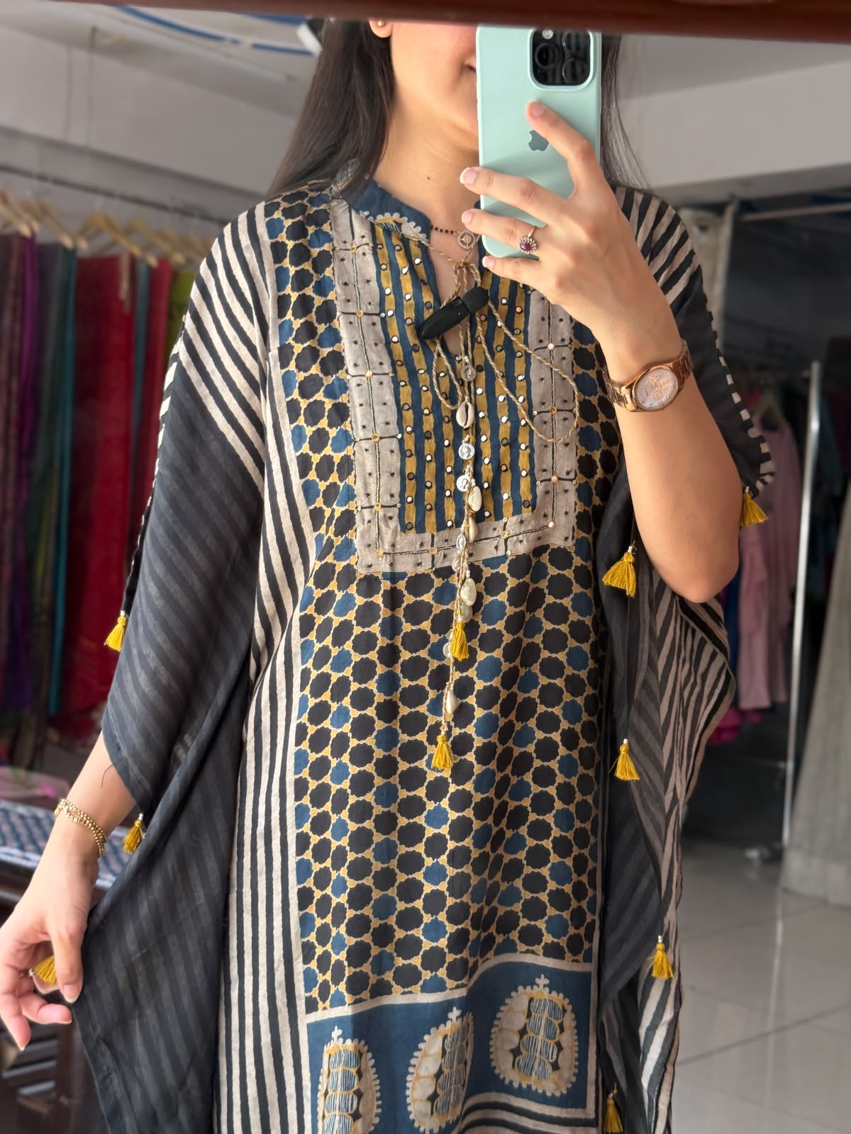 Dark Blue Printed Kaftan Set for Women | Ethnic Kaftan with Palazzo