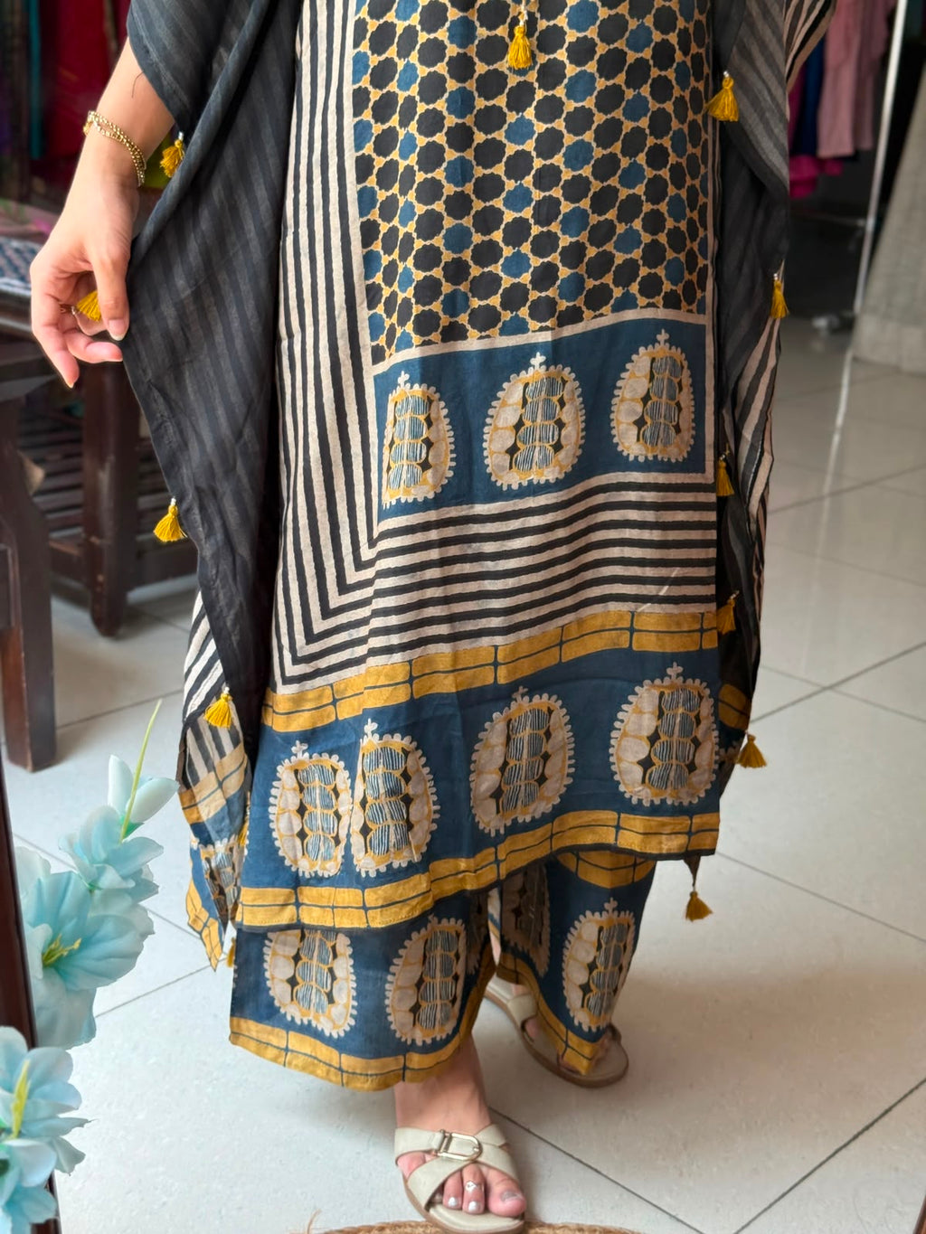 Dark Blue Printed Kaftan Set for Women | Ethnic Kaftan with Palazzo