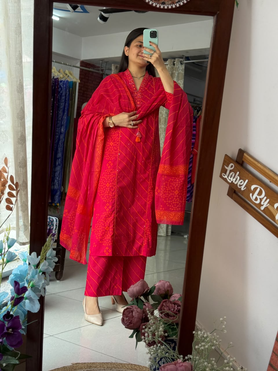 Pink Orange Leheriya Suit Set for Women with Embroidered Neckline and Matching Dupatta | Label By Pushp