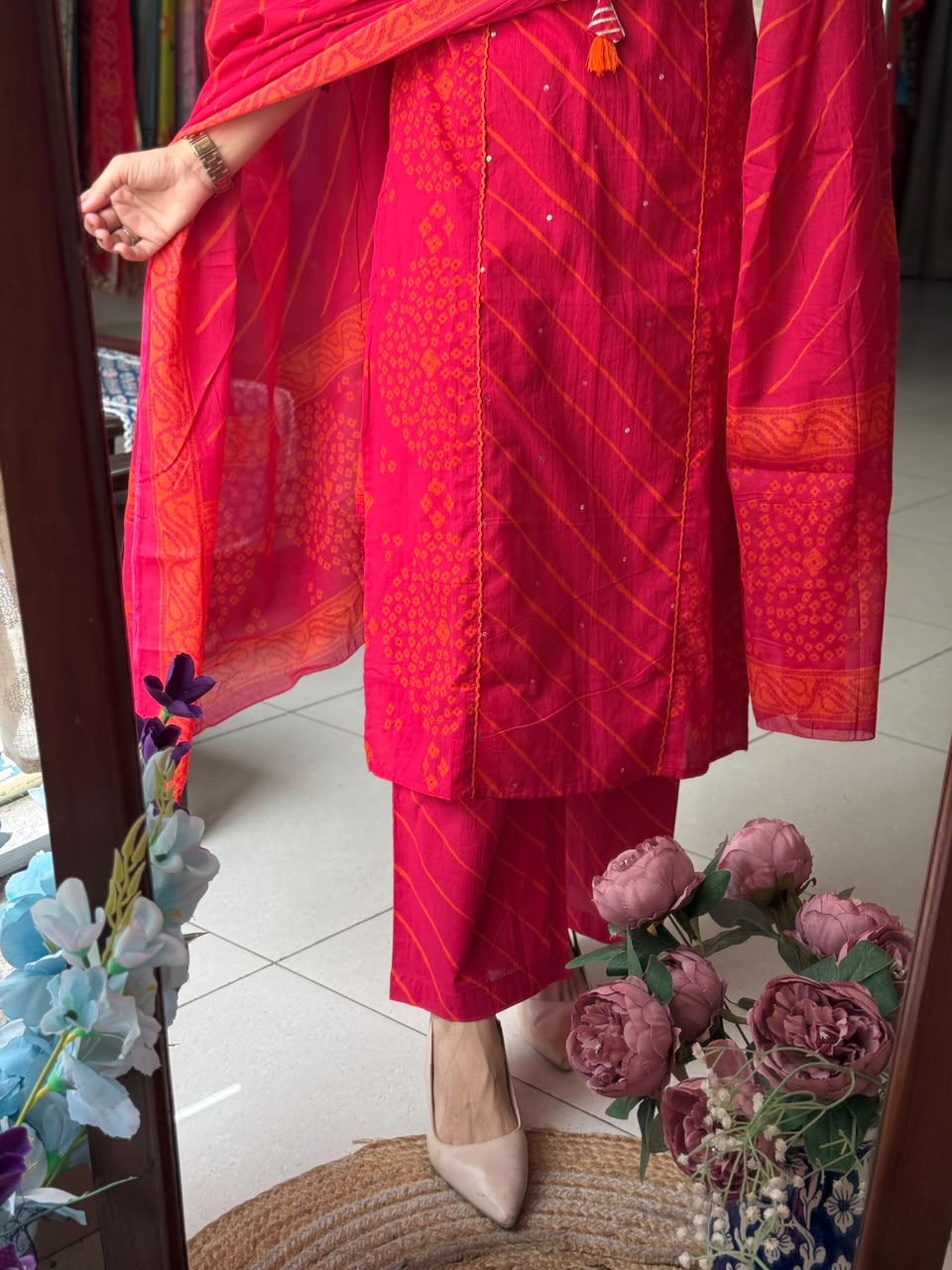 Pink Orange Leheriya Suit Set for Women | Embroidered Ethnic Suit with Dupatta