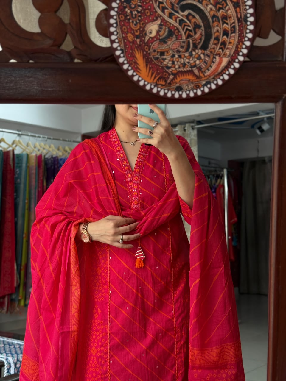 Pink Orange Leheriya Suit Set for Women | Embroidered Ethnic Suit with Dupatta