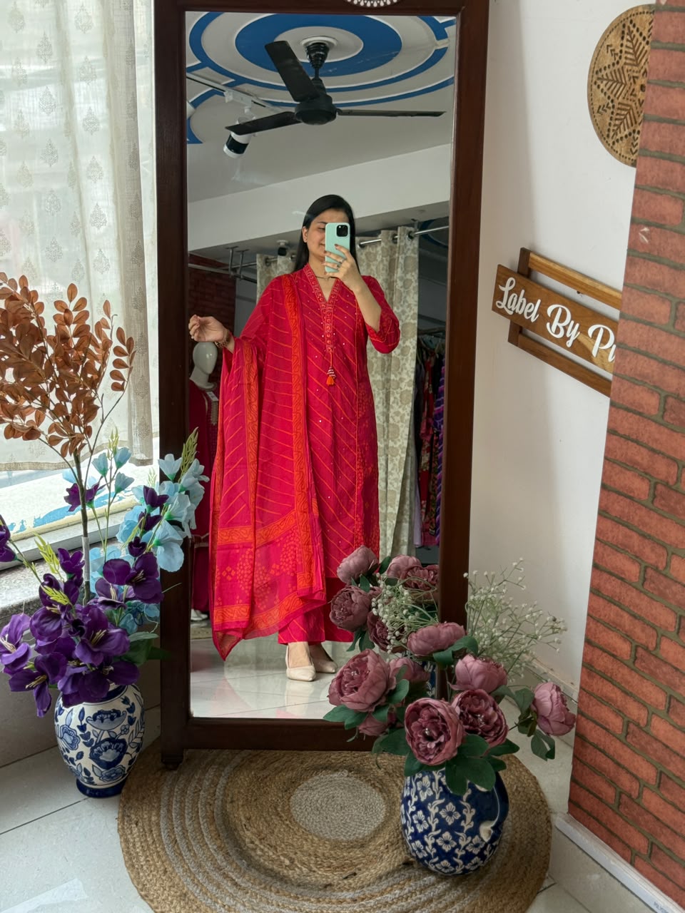 Pink Orange Leheriya Suit Set for Women | Embroidered Ethnic Suit with Dupatta