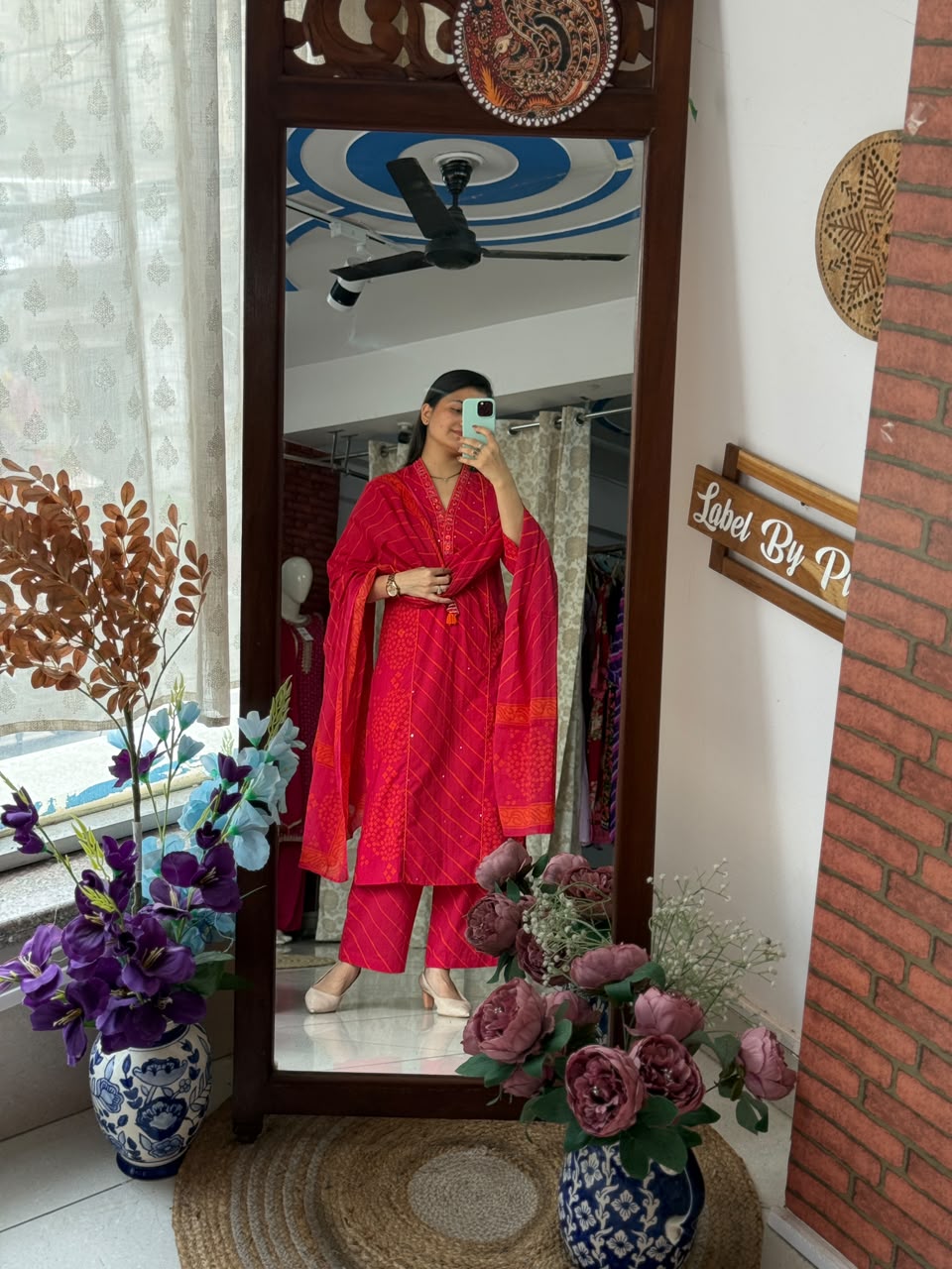 Pink Orange Leheriya Suit Set for Women | Embroidered Ethnic Suit with Dupatta