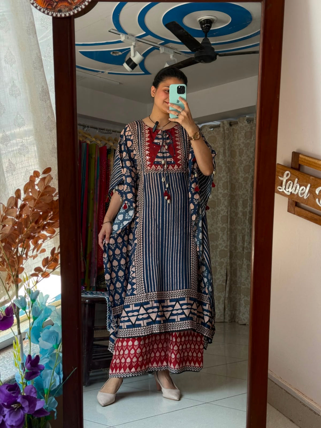 Red Blue Printed Kaftan Set for Women | Ethnic Kaftan Co-Ord Set