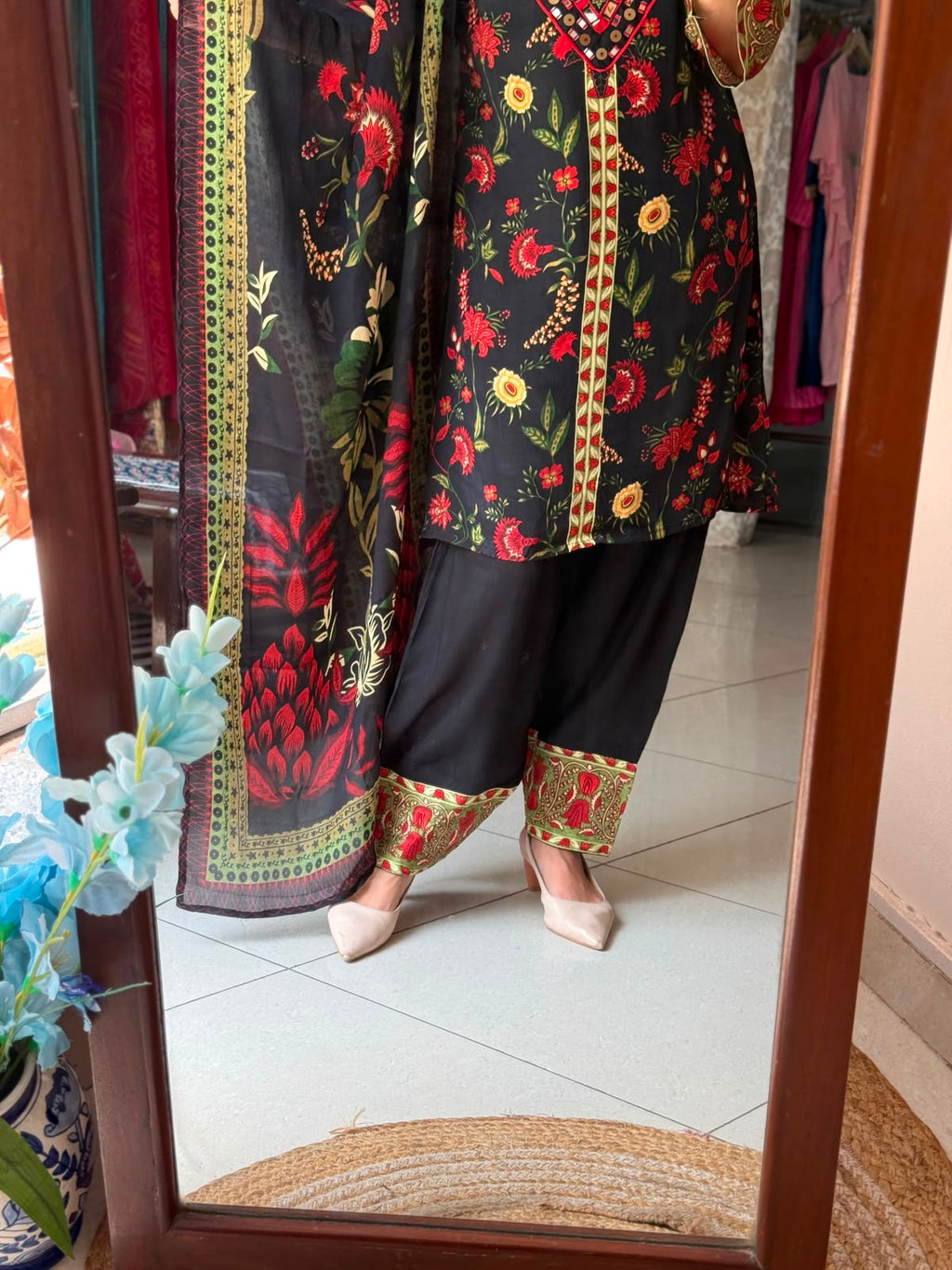 Black Crepe Farshi Salwar Suit for Women | Floral Printed Suit with Dupatta
