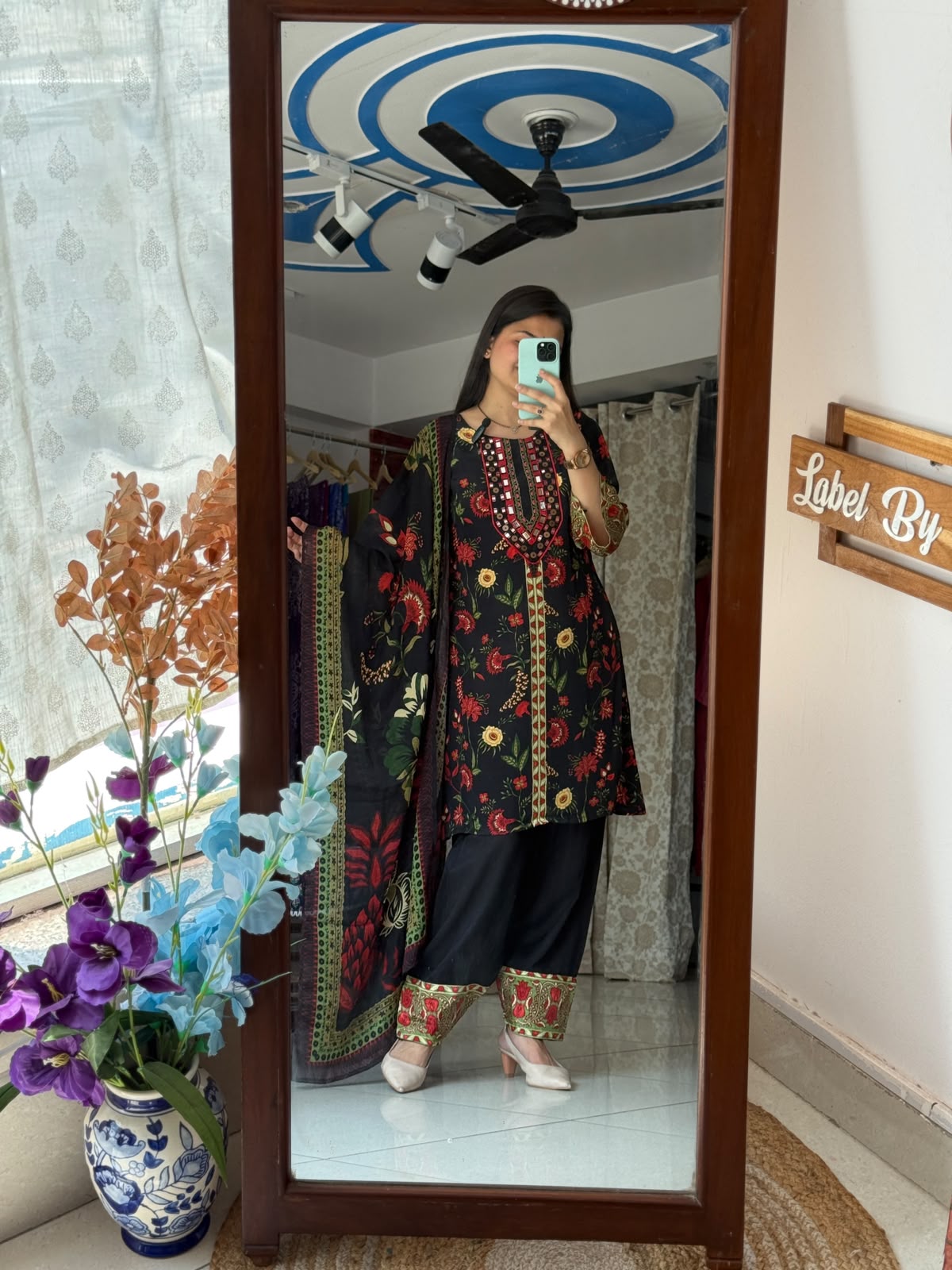 Black Crepe Farshi Salwar Suit for Women | Floral Printed Suit with Dupatta