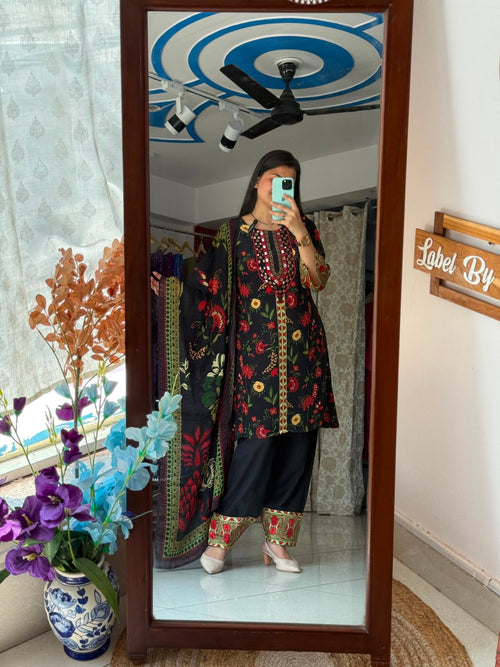 Black Crepe Farshi Salwar Suit for Women | Floral Printed Suit with Dupatta