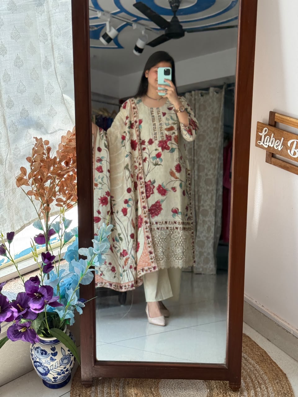 Cream Muslin Suit Set for Women | Floral Printed Ethnic Suit with Dupatta