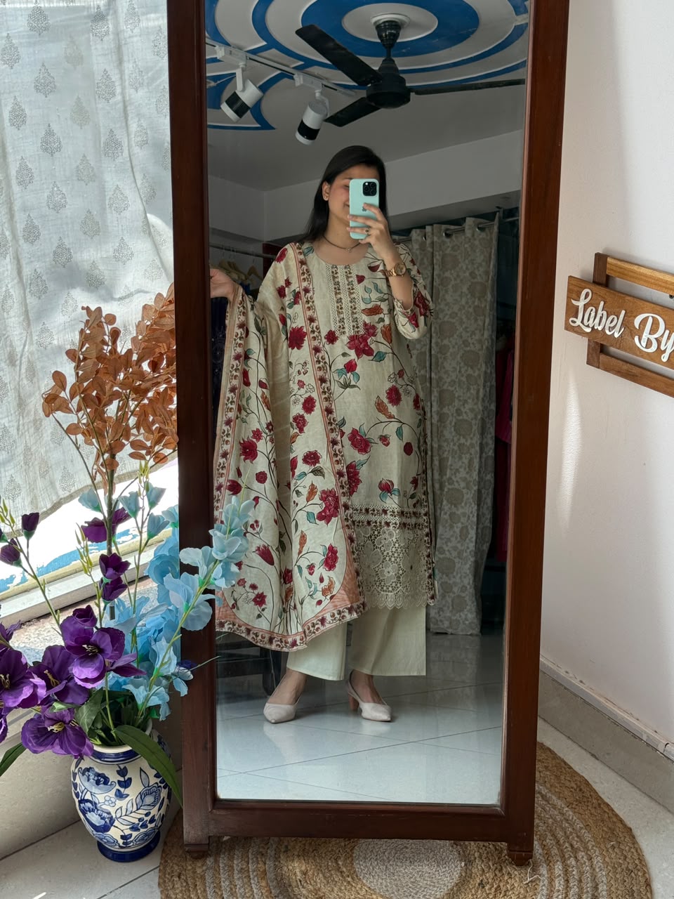 Cream Muslin Suit Set for Women | Floral Printed Ethnic Suit with Dupatta