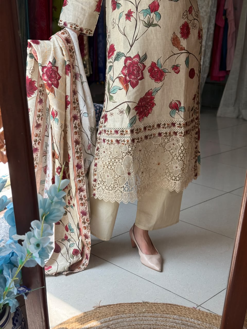 Cream Muslin Suit Set for Women | Floral Printed Ethnic Suit with Dupatta