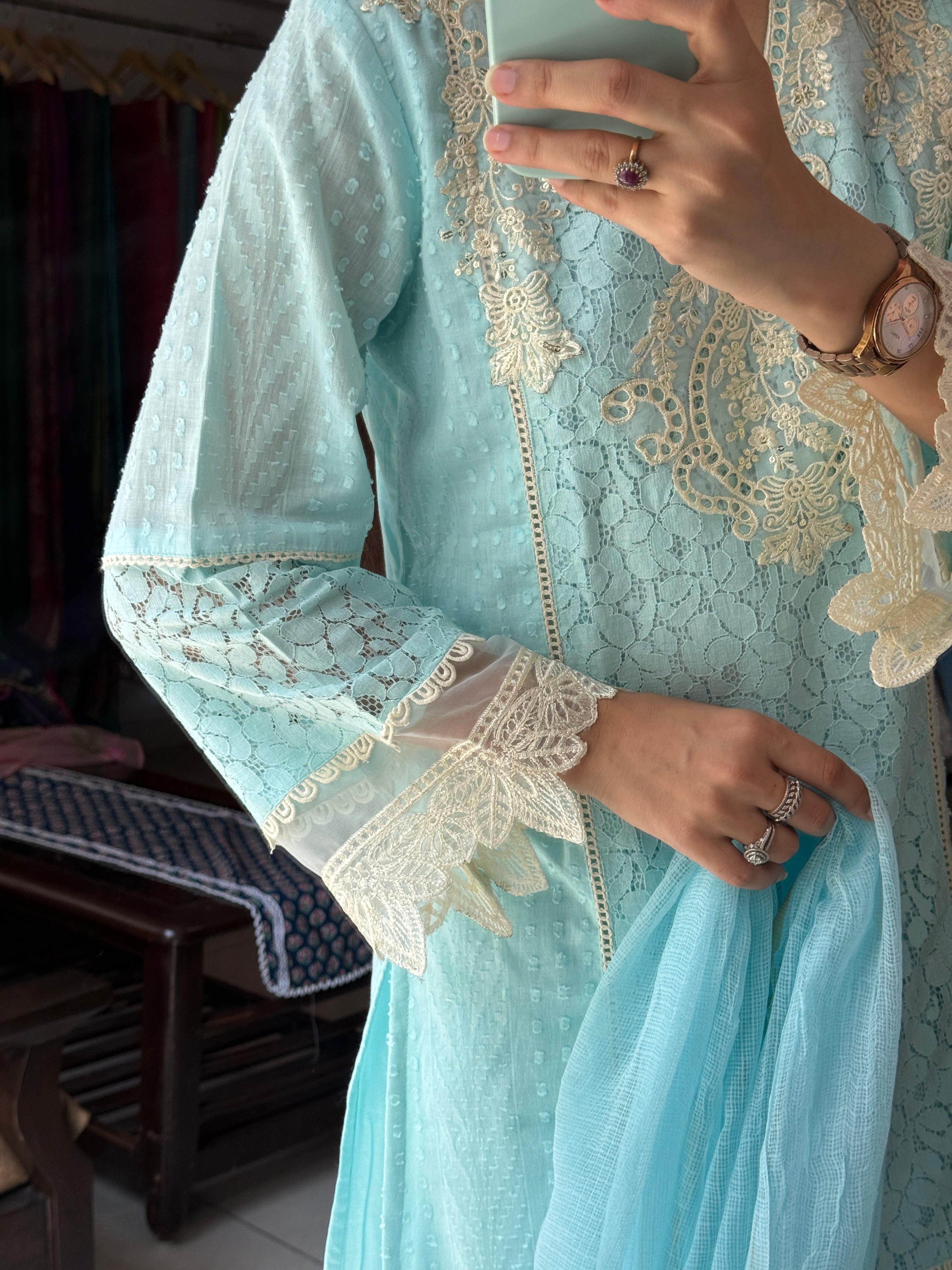 Sky Blue Pakistani Suit Set for Women | Embroidered Ethnic Suit with Dupatta