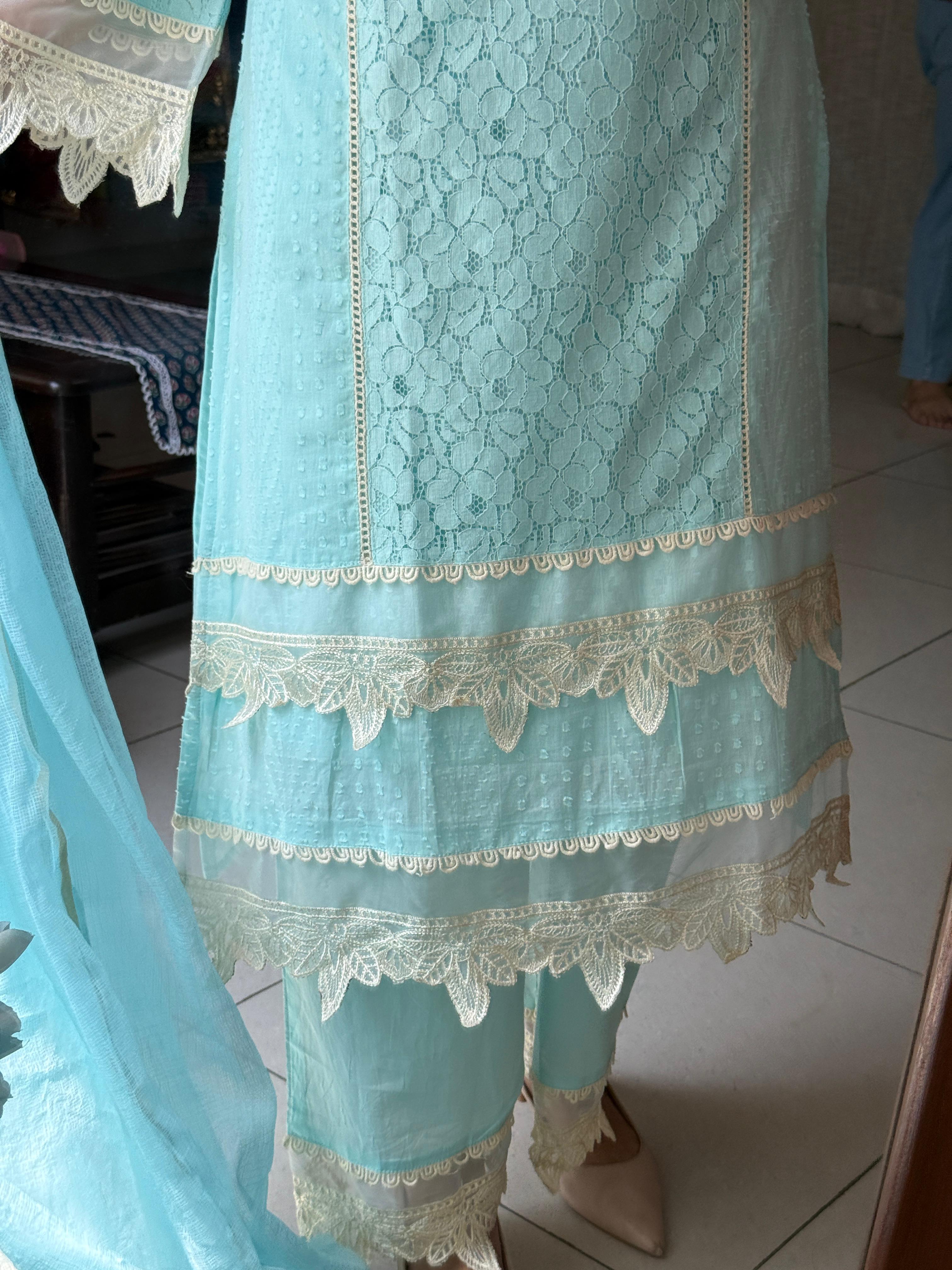 Sky Blue Pakistani Suit Set for Women | Embroidered Ethnic Suit with Dupatta