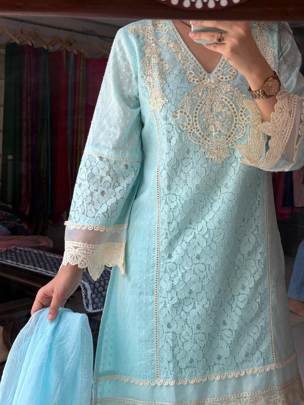 Sky Blue Pakistani Suit Set for Women | Embroidered Ethnic Suit with Dupatta