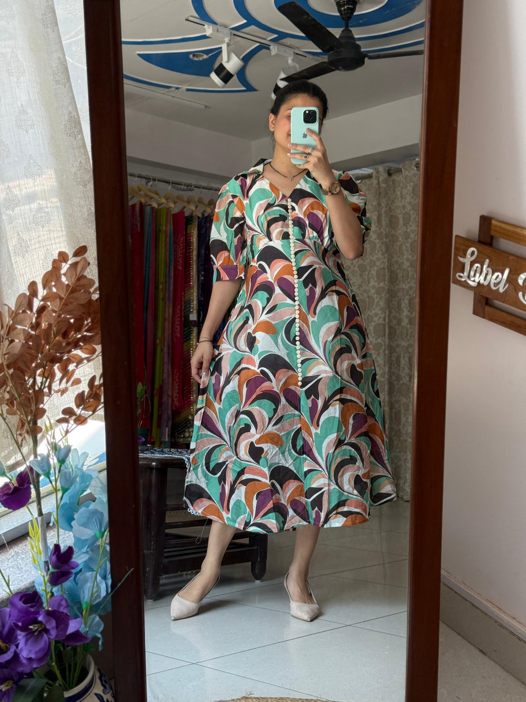 Multicolor Printed Midi Dress for Women | Cotton Casual Shirt Dress