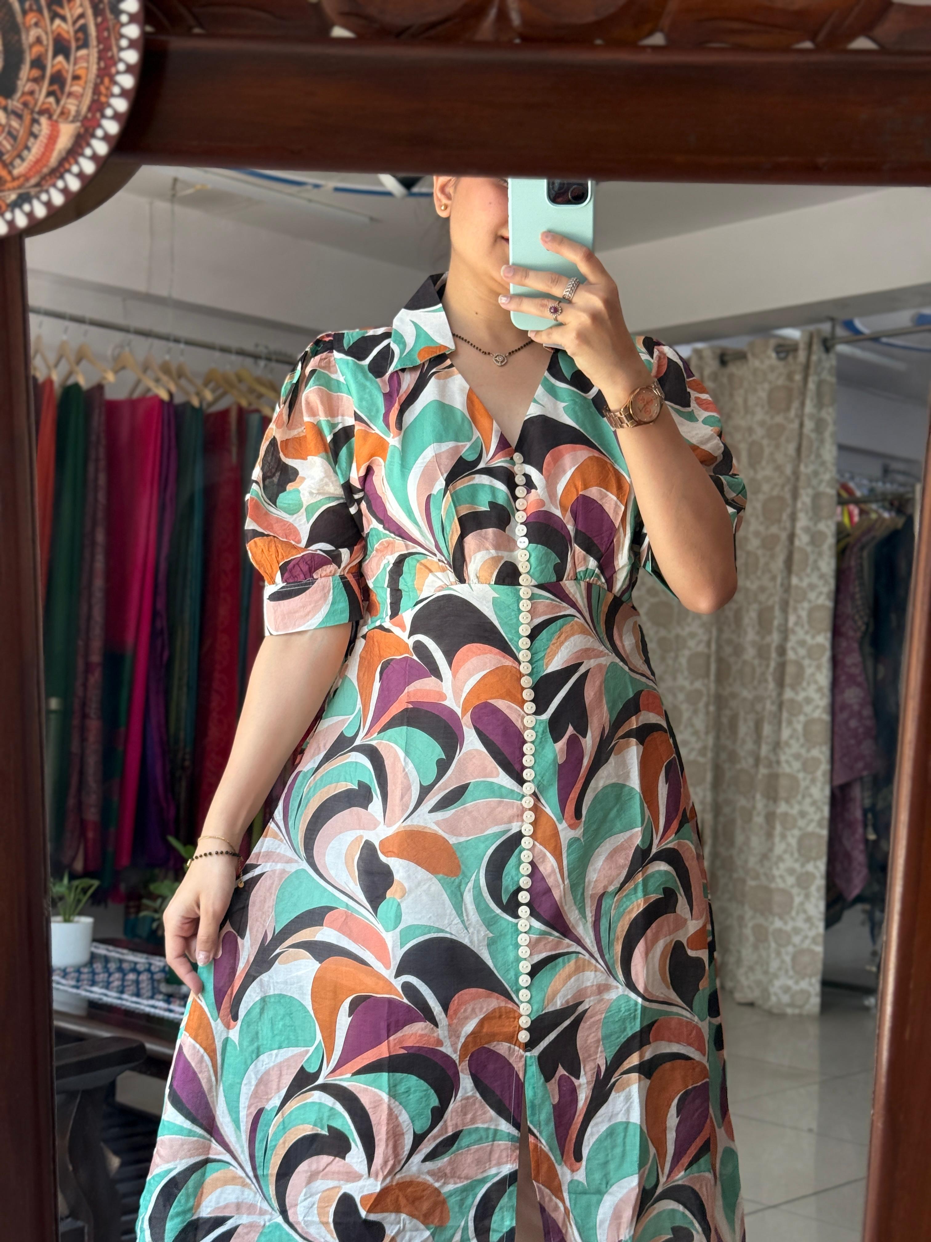 Multicolor Printed Midi Dress for Women | Cotton Casual Shirt Dress